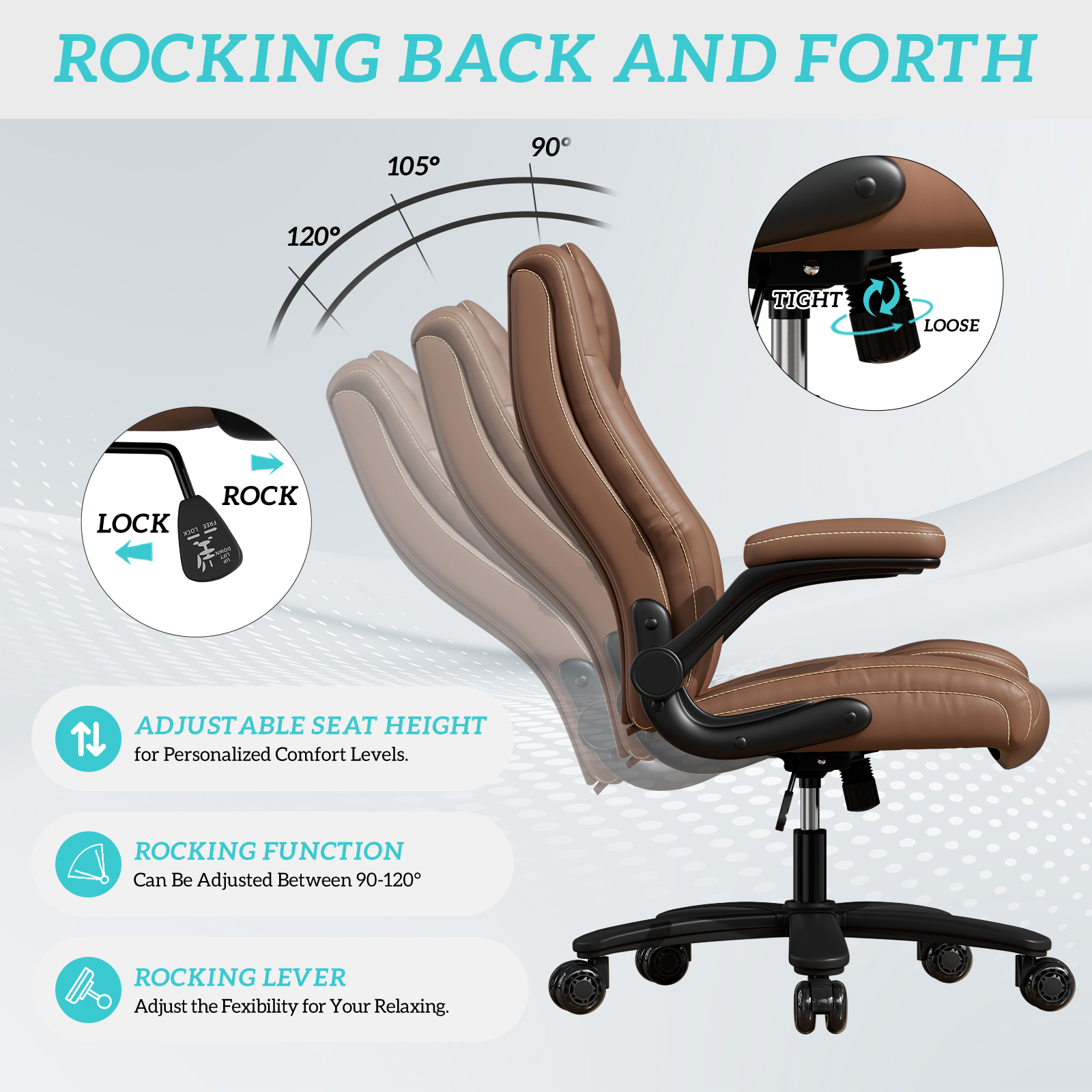 Genpo Big and Tall Office Chair 400LBS, High Back Brown Leather Executive Office Chair, Computer Desk Chair with Adjustable Flip-up Arms, Wheels and Lumbar Support - Image 3