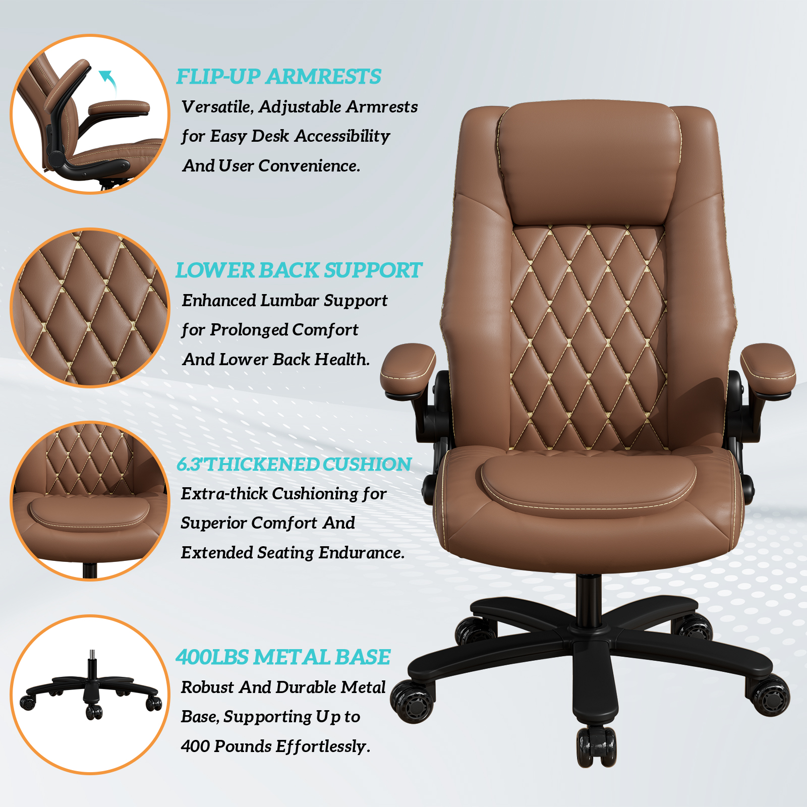 Genpo Big and Tall Office Chair 400LBS, High Back Brown Leather Executive Office Chair, Computer Desk Chair with Adjustable Flip-up Arms, Wheels and Lumbar Support - Image 5