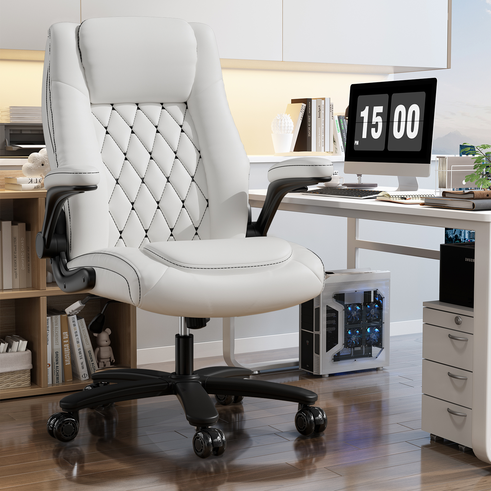 Genpo Big and Tall Office Chair 400LBS, High Back White Leather Executive Office Chair, Computer Desk Chairs with Adjustable Flip-up Arms, Wheels and Lumbar Support