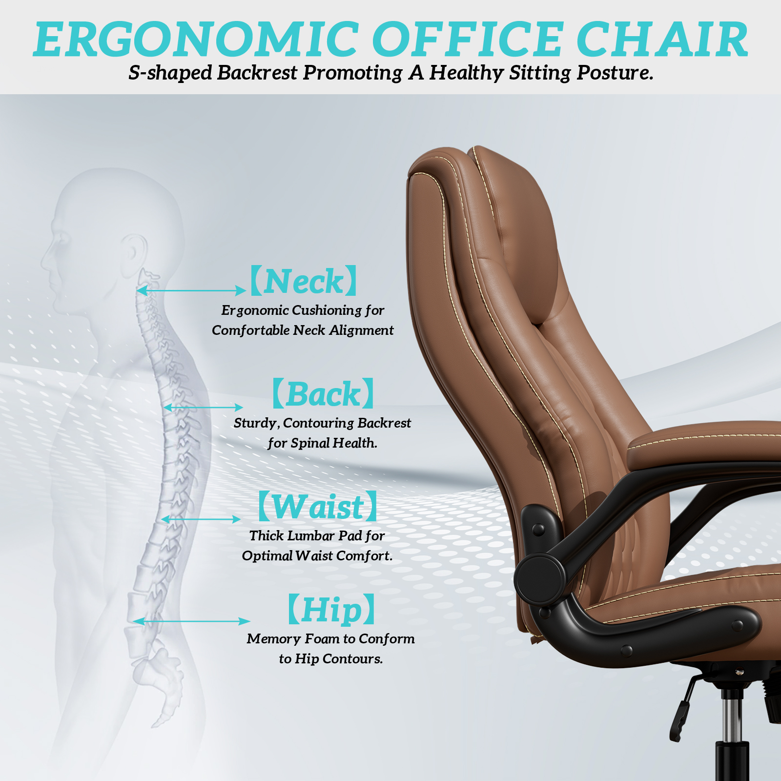 Genpo Big and Tall Office Chair 400LBS, High Back Brown Leather Executive Office Chair, Computer Desk Chair with Adjustable Flip-up Arms, Wheels and Lumbar Support - Image 6