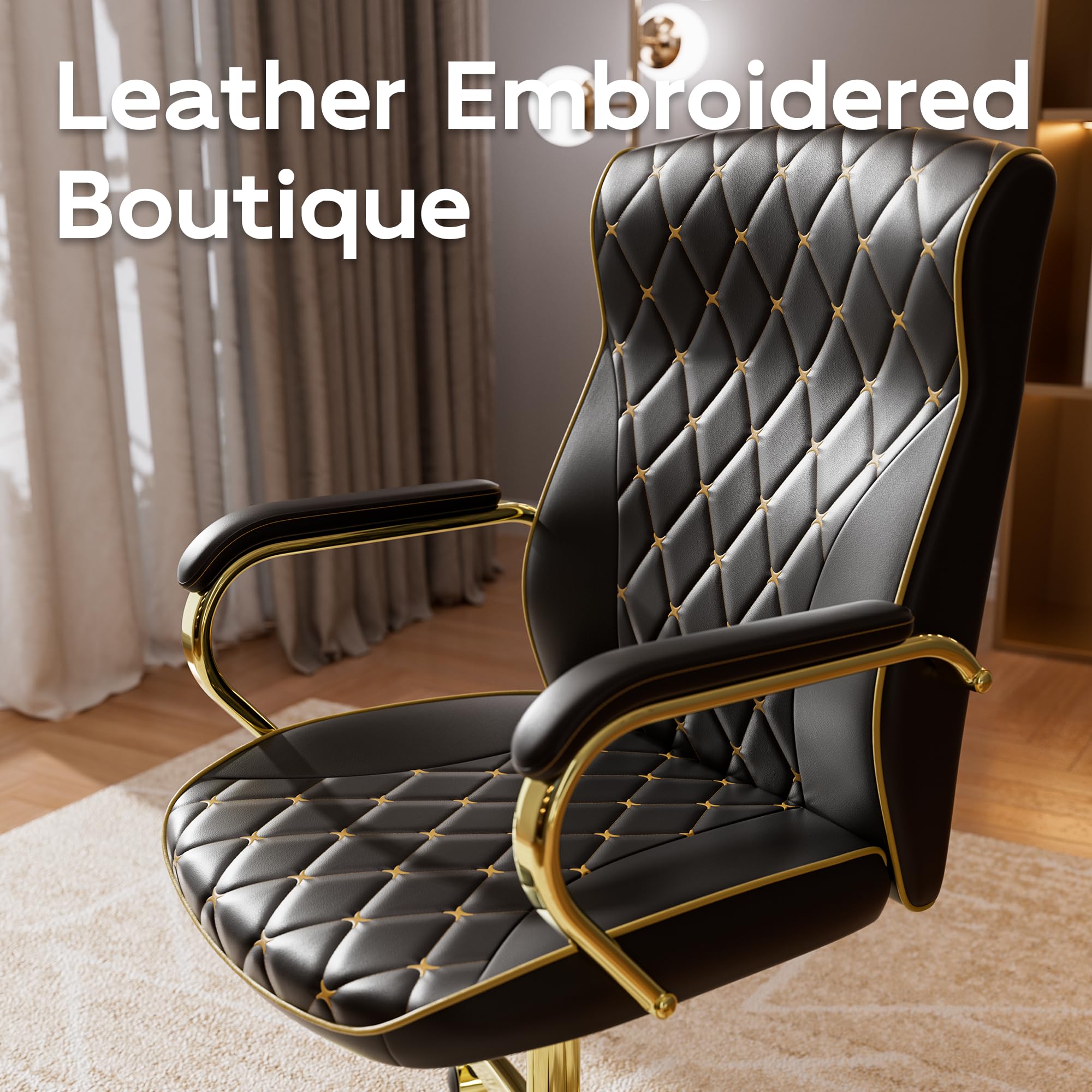 Black and Gold Office Chair with Soft Leather Embroidery, Mid Back Vintage Swivel Executive Desk Chair with Wheels and Padded Arms, Adjustable Height - Image 5