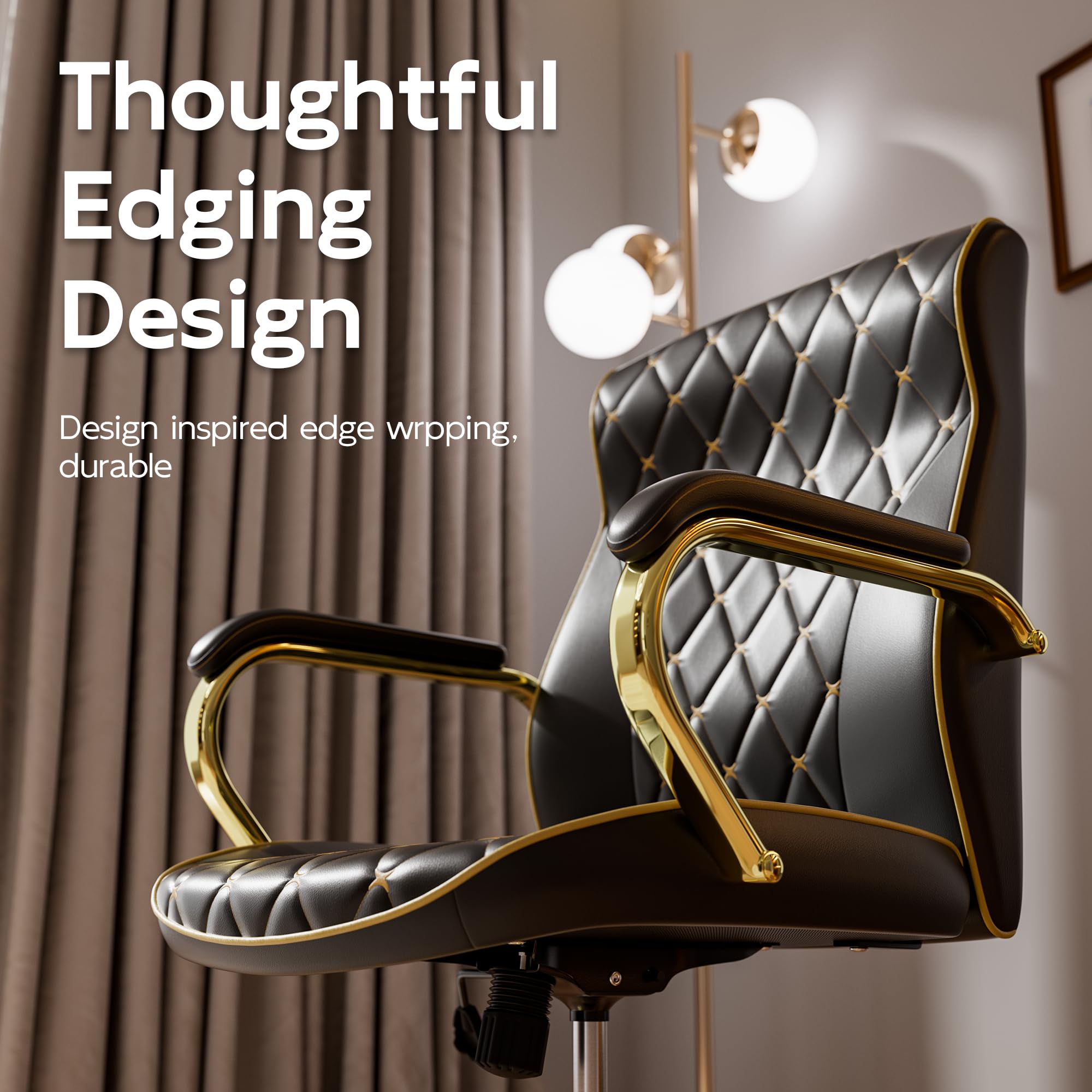 Black and Gold Office Chair with Soft Leather Embroidery, Mid Back Vintage Swivel Executive Desk Chair with Wheels and Padded Arms, Adjustable Height - Image 4