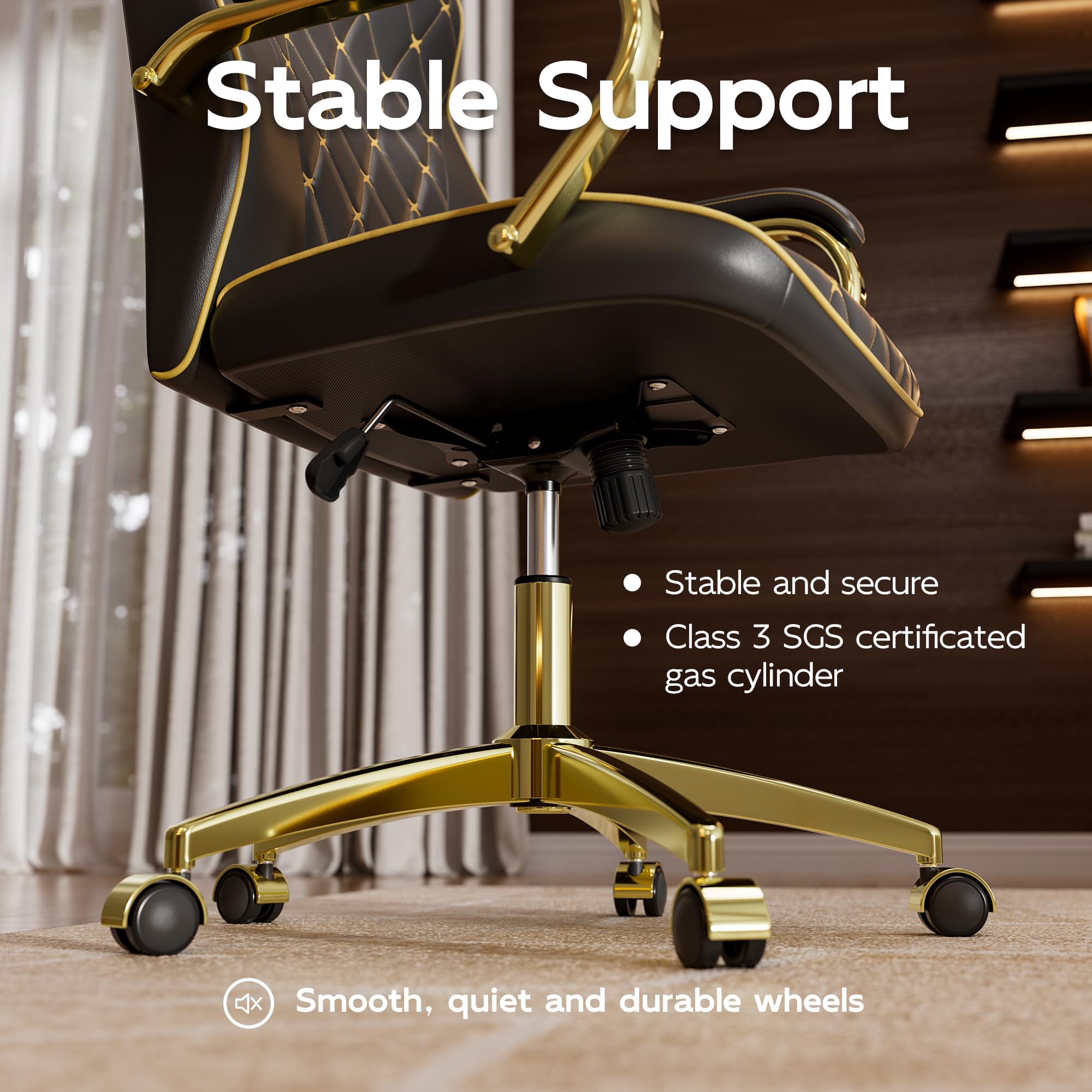 Black and Gold Office Chair with Soft Leather Embroidery, Mid Back Vintage Swivel Executive Desk Chair with Wheels and Padded Arms, Adjustable Height - Image 3