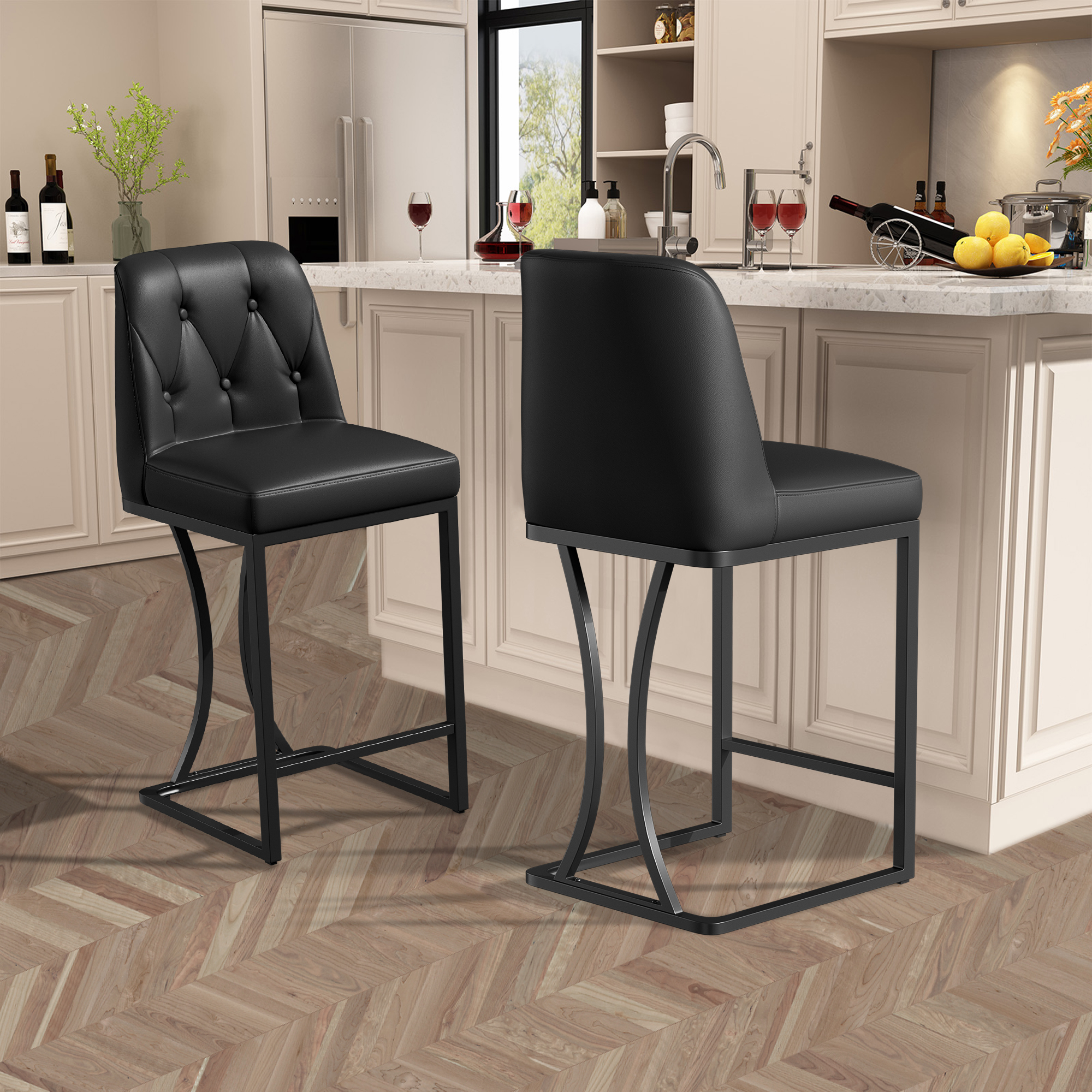 Genpo 24" Counter Height Bar Stools Set of 2, Black Leather Barstools with Back and Metal Legs, Counter Stools Bar Chair for Kitchen Island
