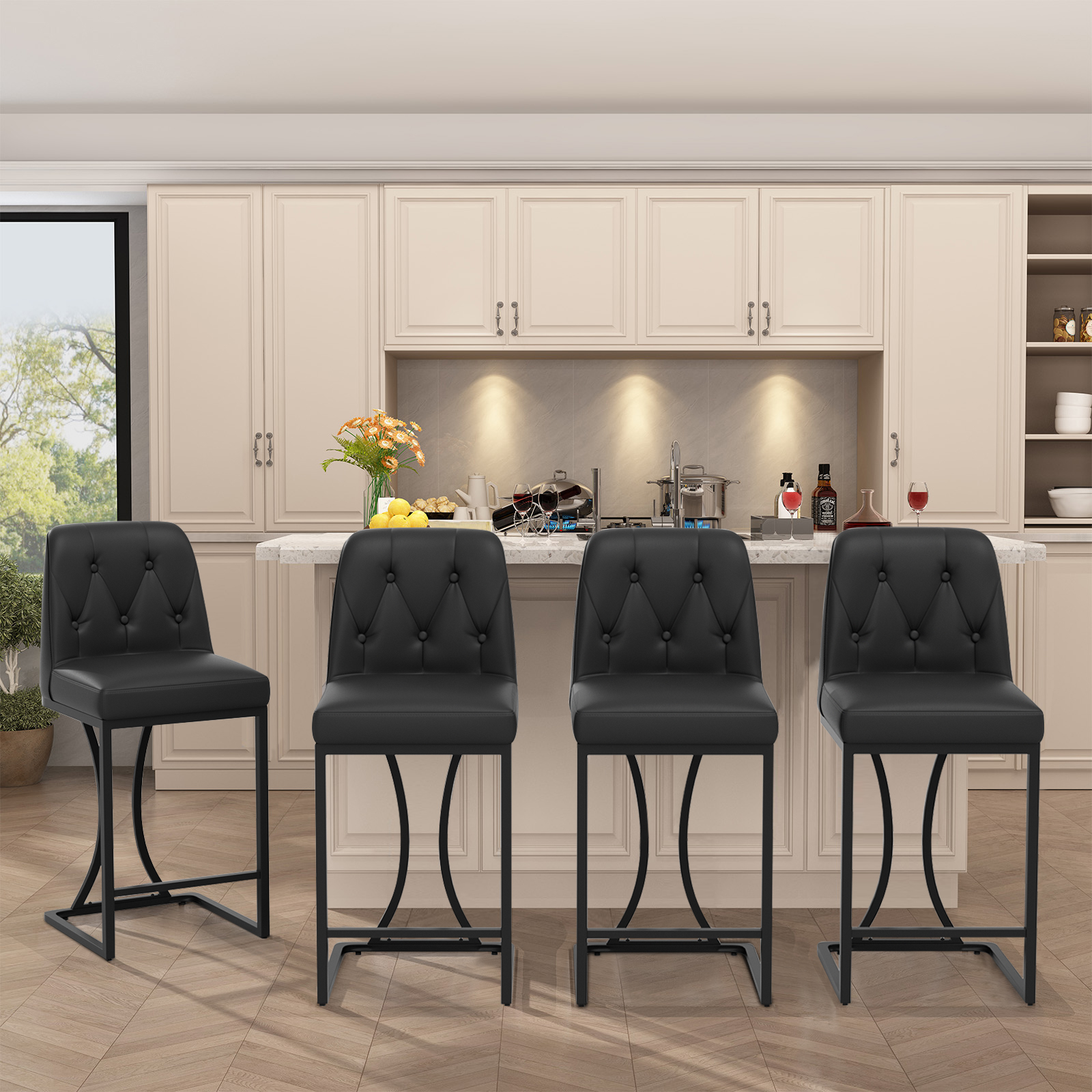 Genpo 24" Counter Height Bar Stools Set of 4, Black Leather Barstools with Back and Metal Legs, Counter Stools Bar Chair for Kitchen Island
