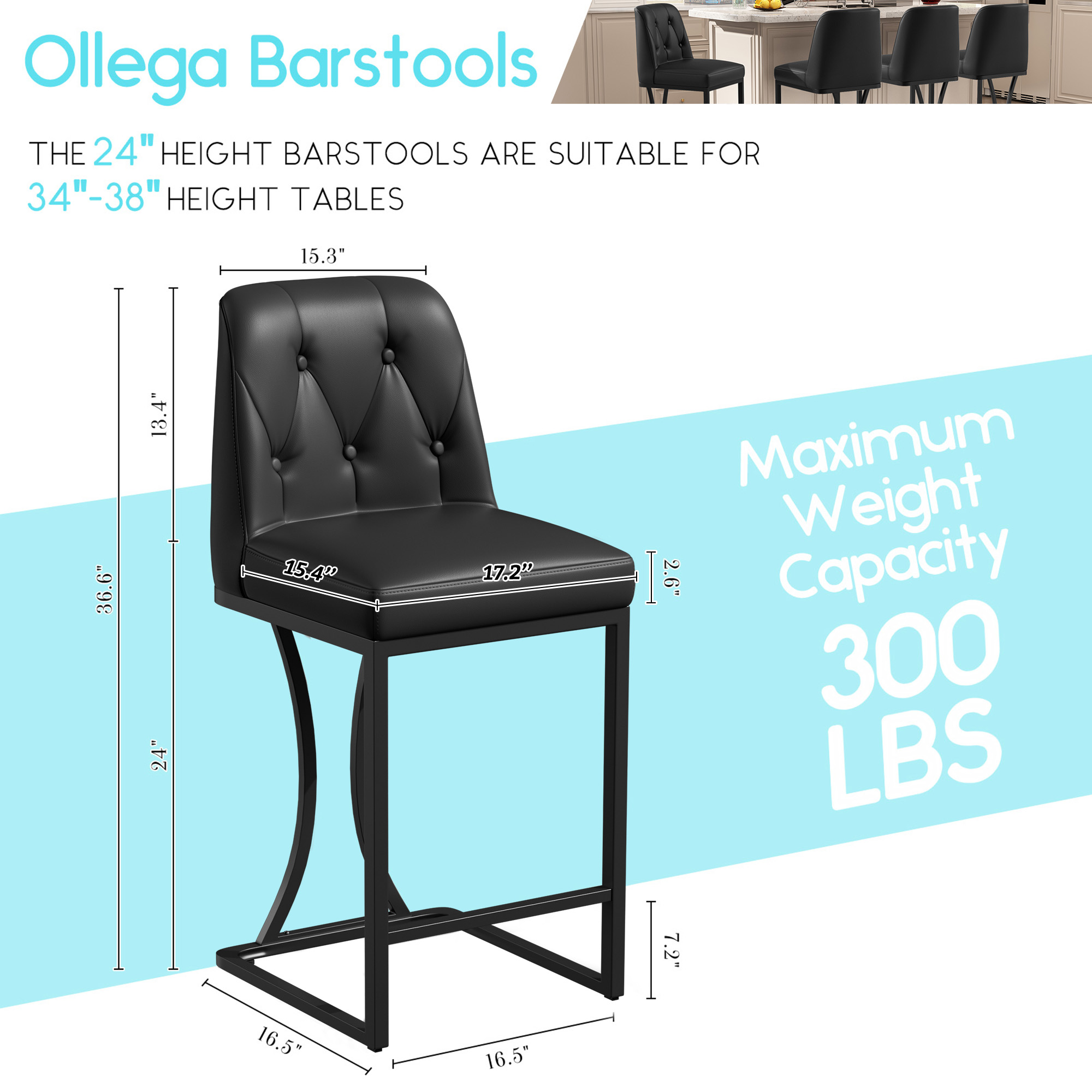 Genpo 24" Counter Height Bar Stools Set of 2, Black Leather Barstools with Back and Metal Legs, Counter Stools Bar Chair for Kitchen Island - Image 2