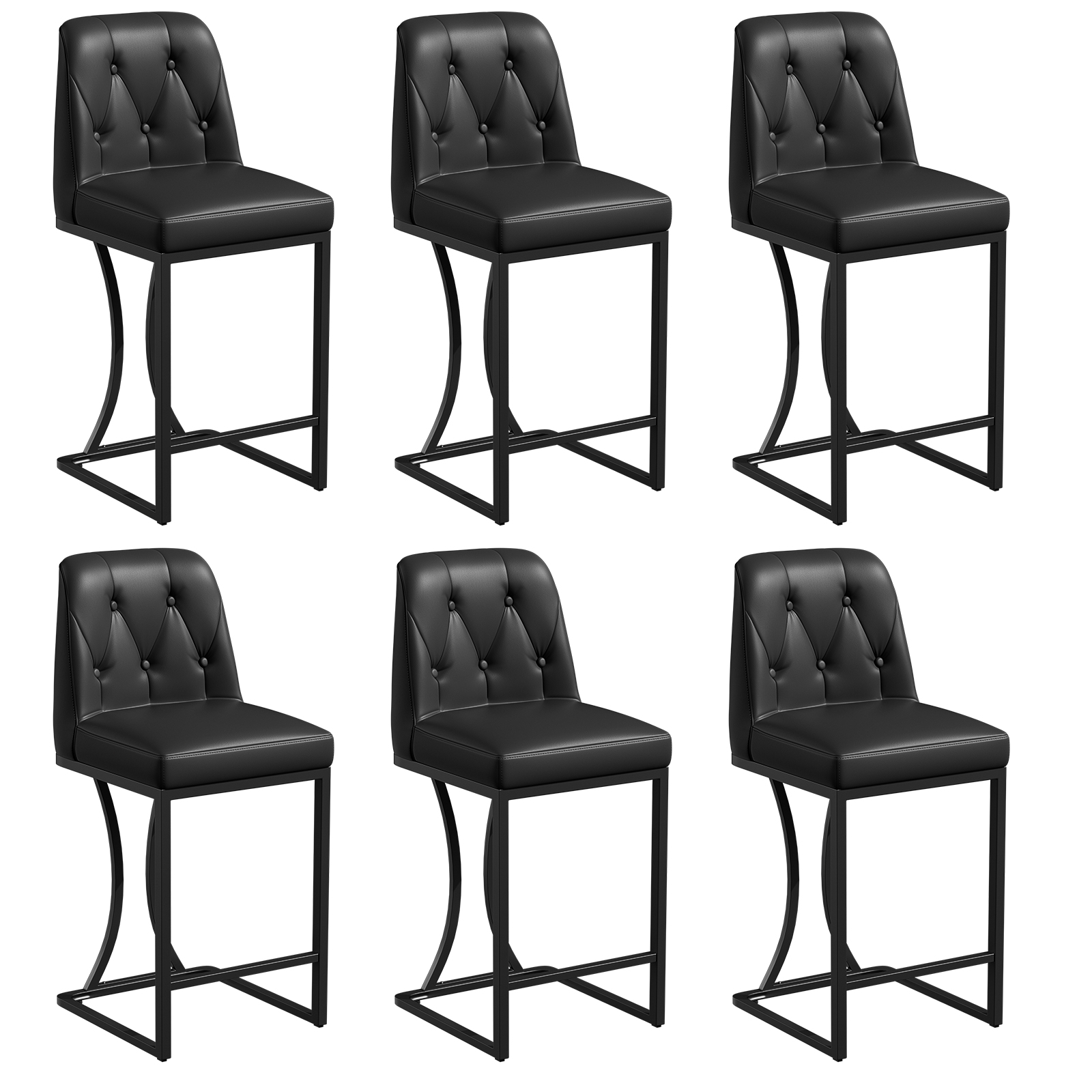 Genpo Bar Stools Set of 6, 24" Kitchen Counter Height Bar Stools with Backs Metal Legs and Footrest, Black Leather Barstools for Kitchen Island
