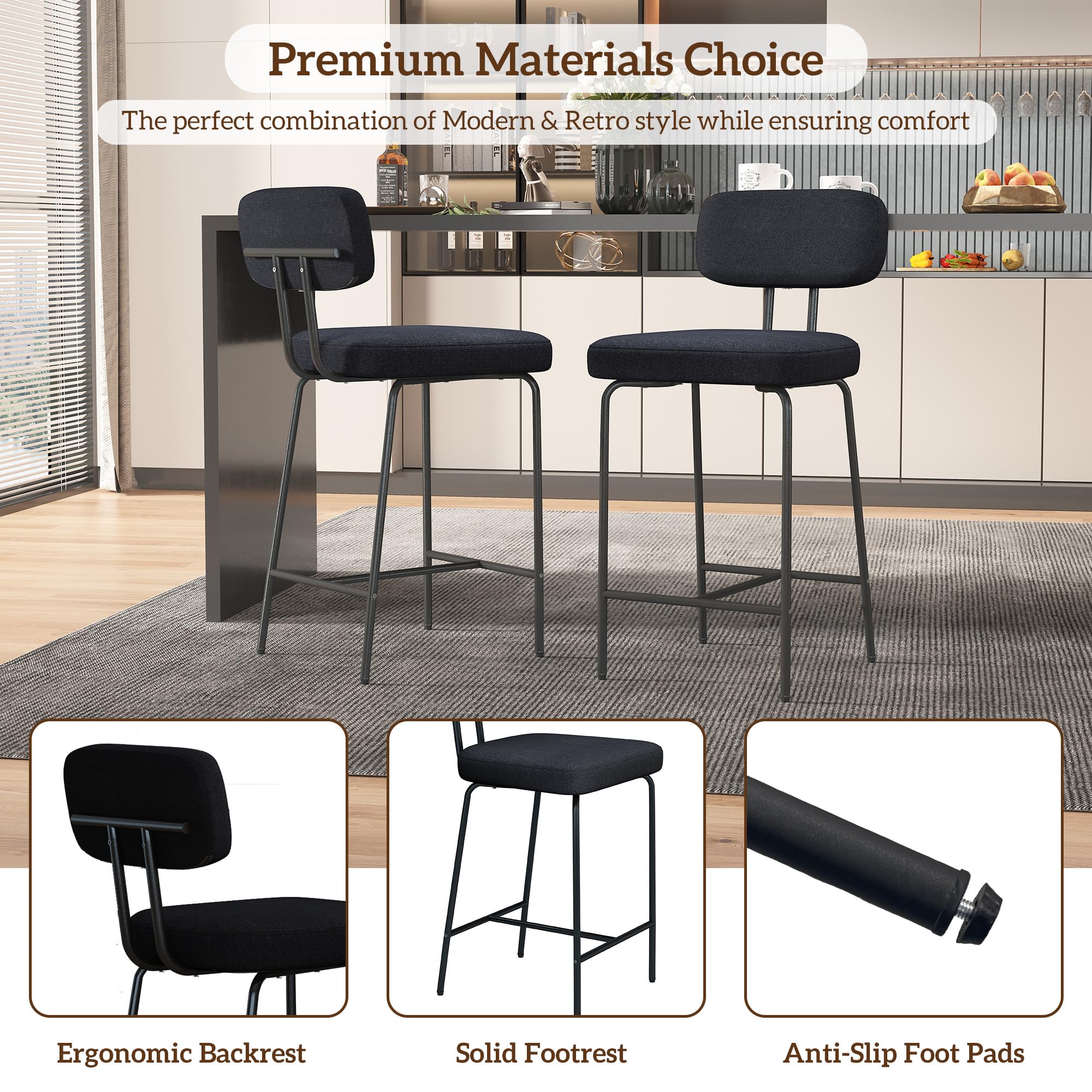 Genpo Counter Height Bar Stools Set of 3, 26" Black Fabric Kitchen Counter Stools with Backs, Metal Legs, Footrest and Wide Seat, Bar Chairs for Kitchen Island - Image 5