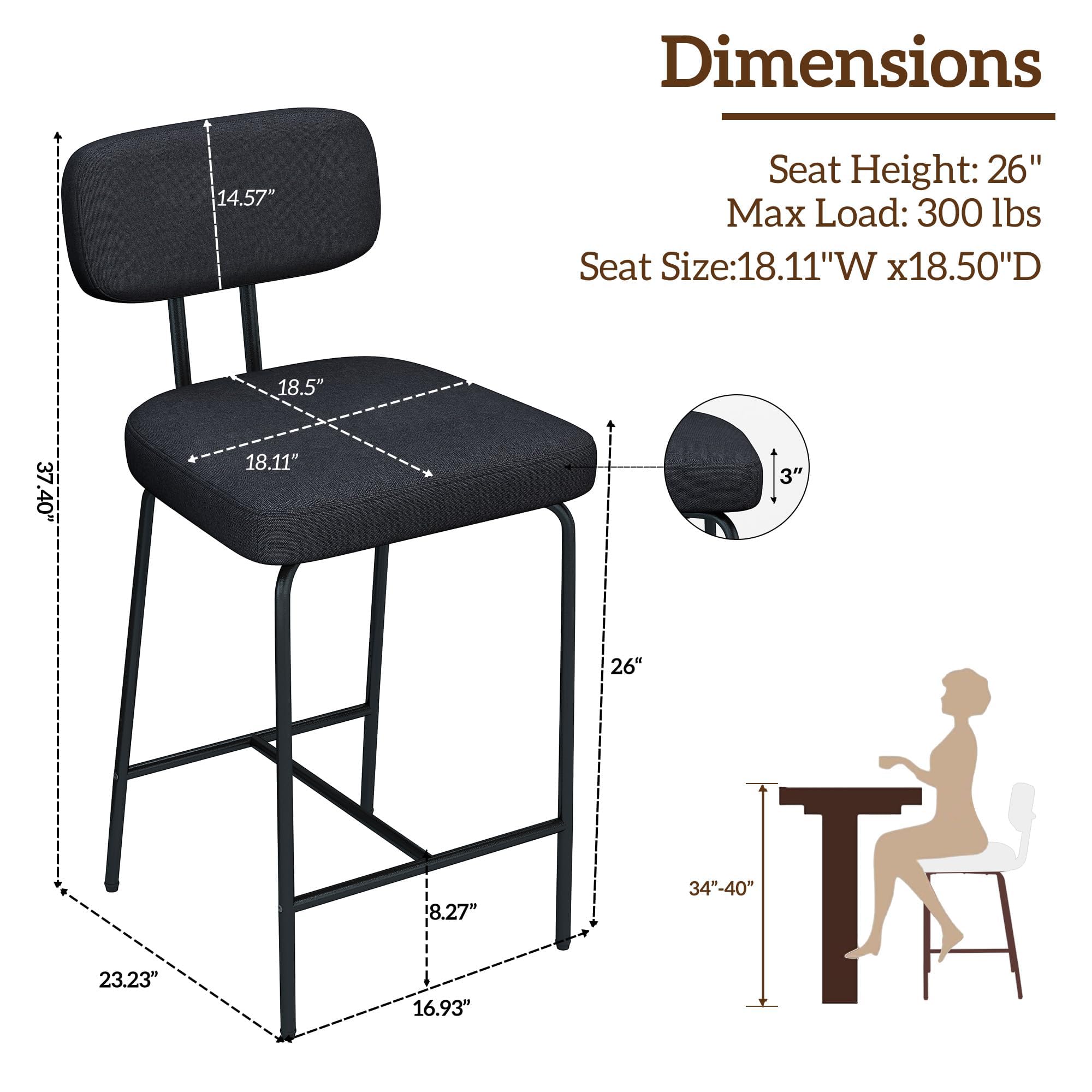 Genpo Counter Height Bar Stools Set of 3, 26" Black Fabric Kitchen Counter Stools with Backs, Metal Legs, Footrest and Wide Seat, Bar Chairs for Kitchen Island - Image 2