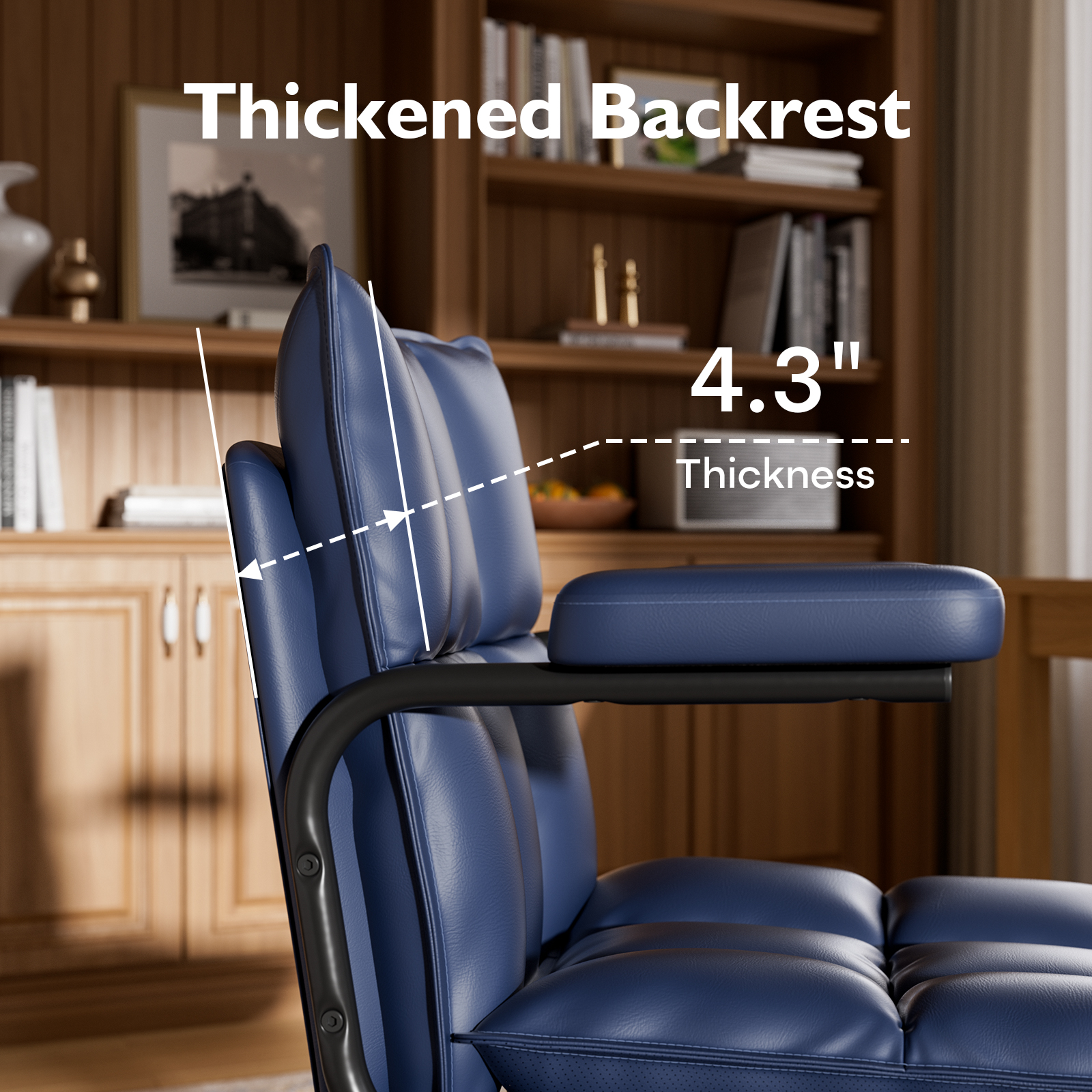 Genpo Blue Office Chair, Mid Century Modern Leather Desk Chairs with Arms, Wheels Thickend Back and Seat, Adjustable Height, Vintage Computer Chair for Home, Office - Image 4