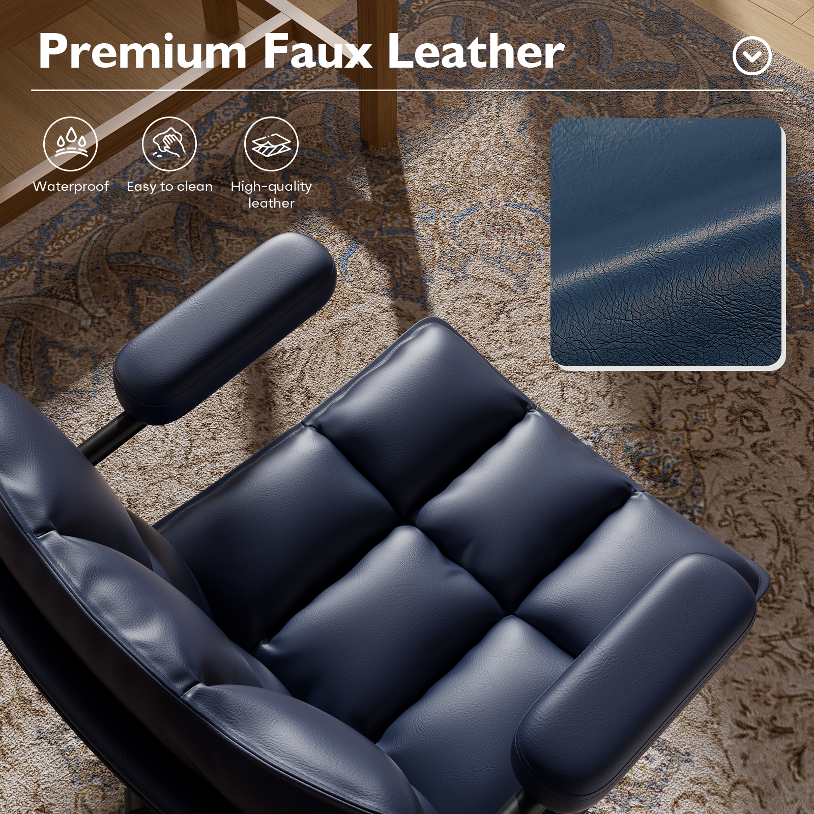 Genpo Blue Office Chair, Mid Century Modern Leather Desk Chairs with Arms, Wheels Thickend Back and Seat, Adjustable Height, Vintage Computer Chair for Home, Office - Image 5