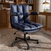 Genpo Blue Office Chair, Mid Century Modern Leather Desk Chairs with Arms, Wheels Thickend Back and Seat, Adjustable Height, Vintage Computer Chair for Home, Office