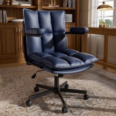 Genpo Blue Office Chair, Mid Century Modern Leather Desk Chairs with Arms, Wheels Thickend Back and Seat, Adjustable Height, Vintage Computer Chair for Home, Office