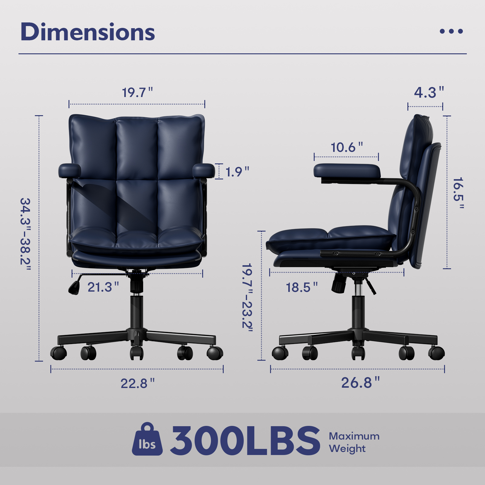 Genpo Blue Office Chair, Mid Century Modern Leather Desk Chairs with Arms, Wheels Thickend Back and Seat, Adjustable Height, Vintage Computer Chair for Home, Office - Image 2
