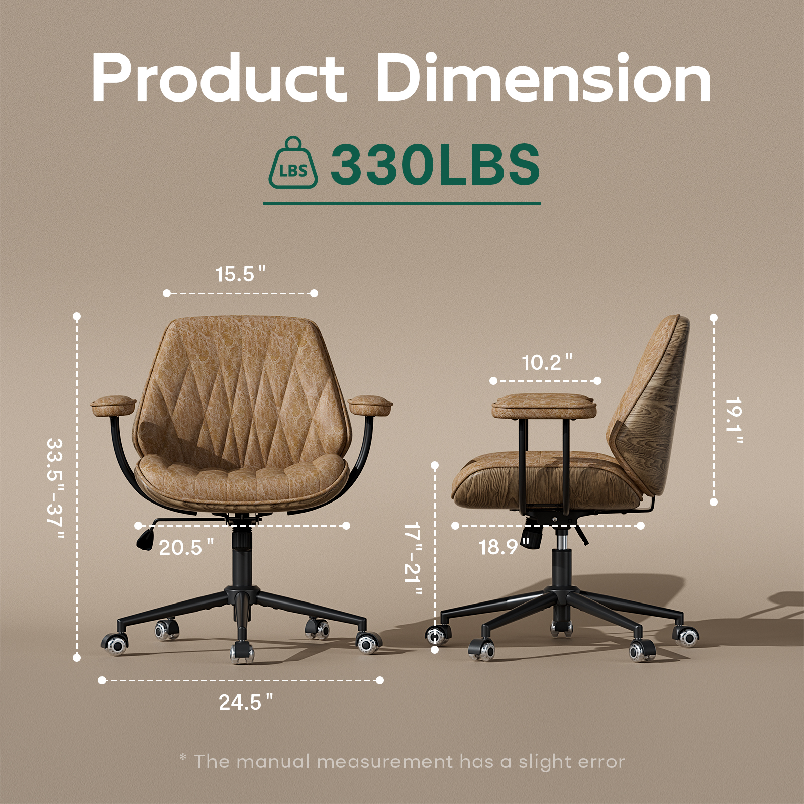 Genpo Mid Century Modern Office Desk Chair with Arms, Camel Brown Faux Leather Computer Chair, Height Adjustable Vintage Swivel Task Chair for Home Office - Image 2