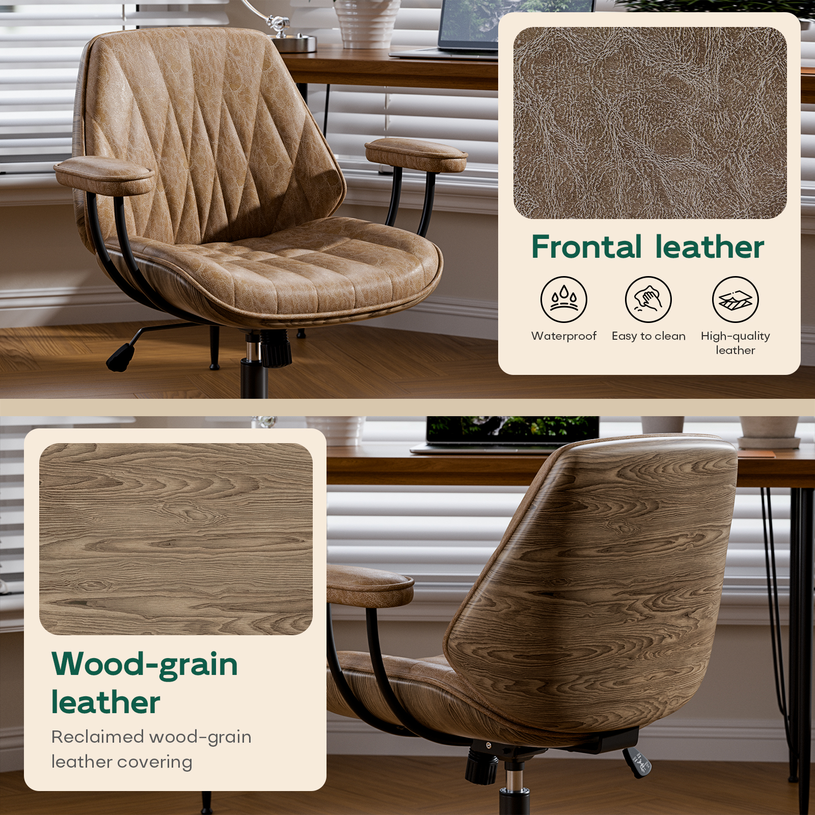 Genpo Mid Century Modern Office Desk Chair with Arms, Camel Brown Faux Leather Computer Chair, Height Adjustable Vintage Swivel Task Chair for Home Office - Image 8
