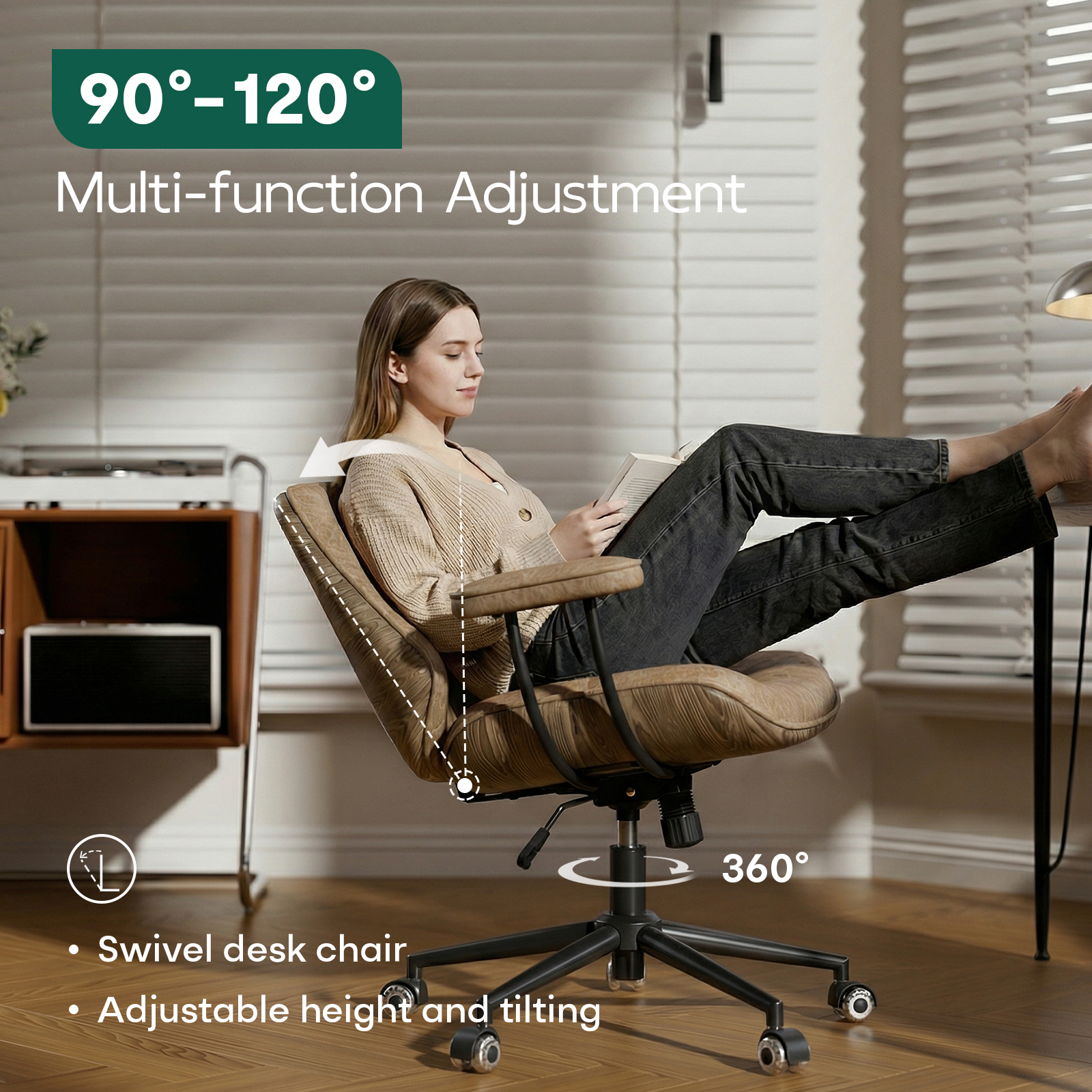Genpo Mid Century Modern Office Desk Chair with Arms, Camel Brown Faux Leather Computer Chair, Height Adjustable Vintage Swivel Task Chair for Home Office - Image 5