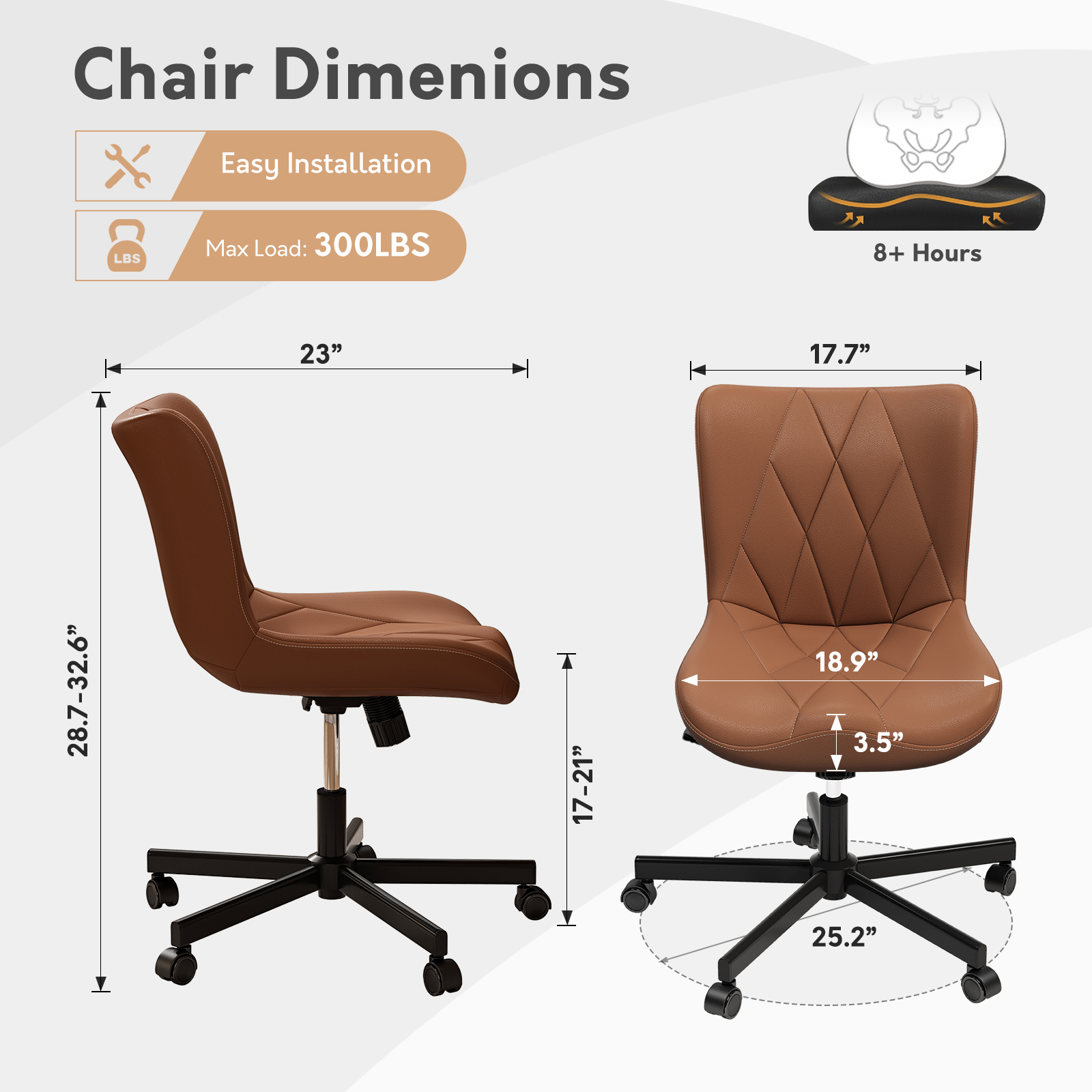 Genpo Armless Desk Chair, Brown Leather Office Desk Chairs with Wheels, Mid Back and Lumbar Support for Computer Home Small Space Vanity Makeup - Image 2