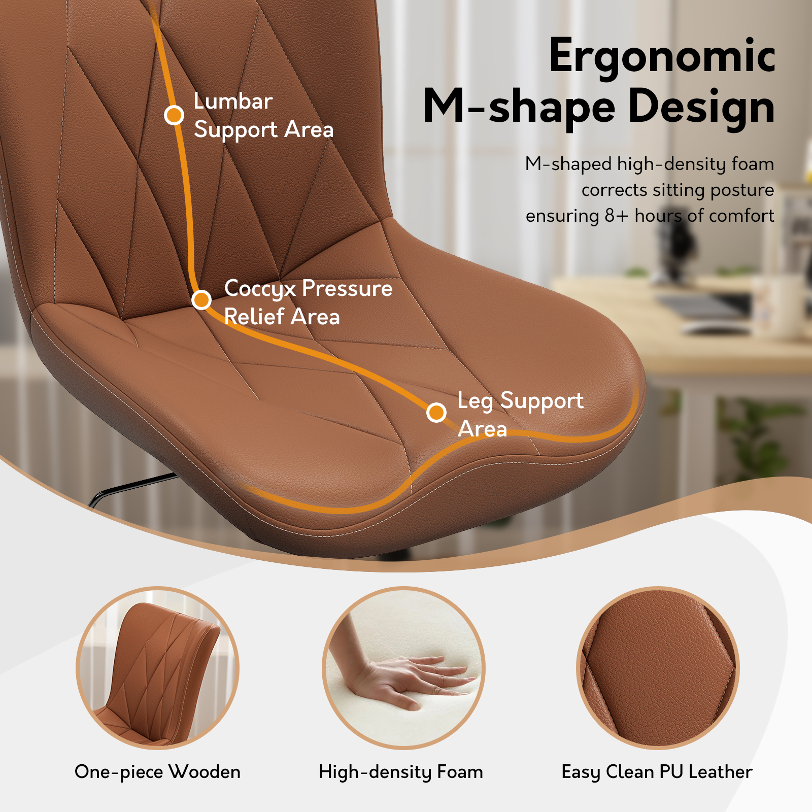 Genpo Armless Desk Chair, Brown Leather Office Desk Chairs with Wheels, Mid Back and Lumbar Support for Computer Home Small Space Vanity Makeup - Image 3