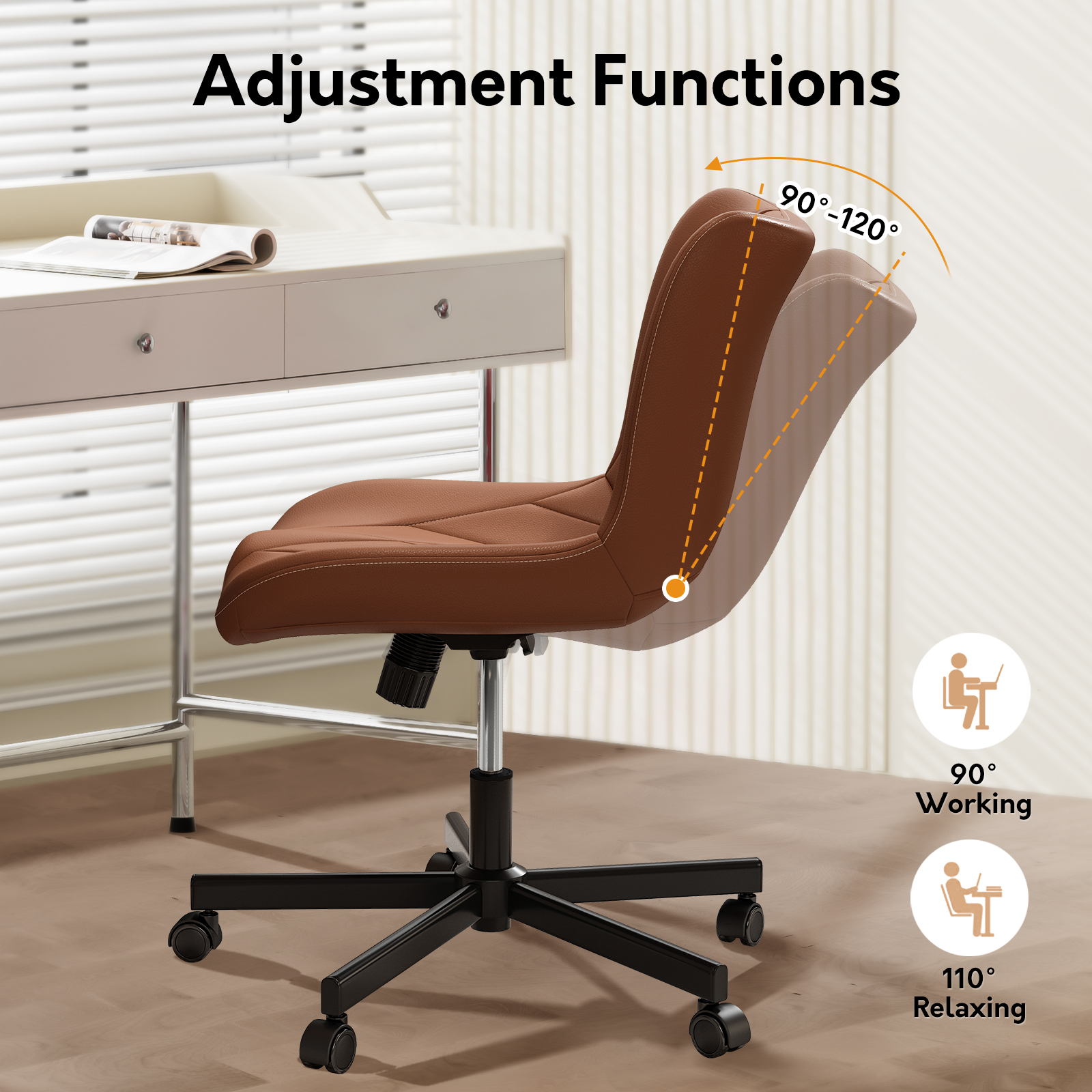 Genpo Armless Desk Chair, Brown Leather Office Desk Chairs with Wheels, Mid Back and Lumbar Support for Computer Home Small Space Vanity Makeup - Image 4
