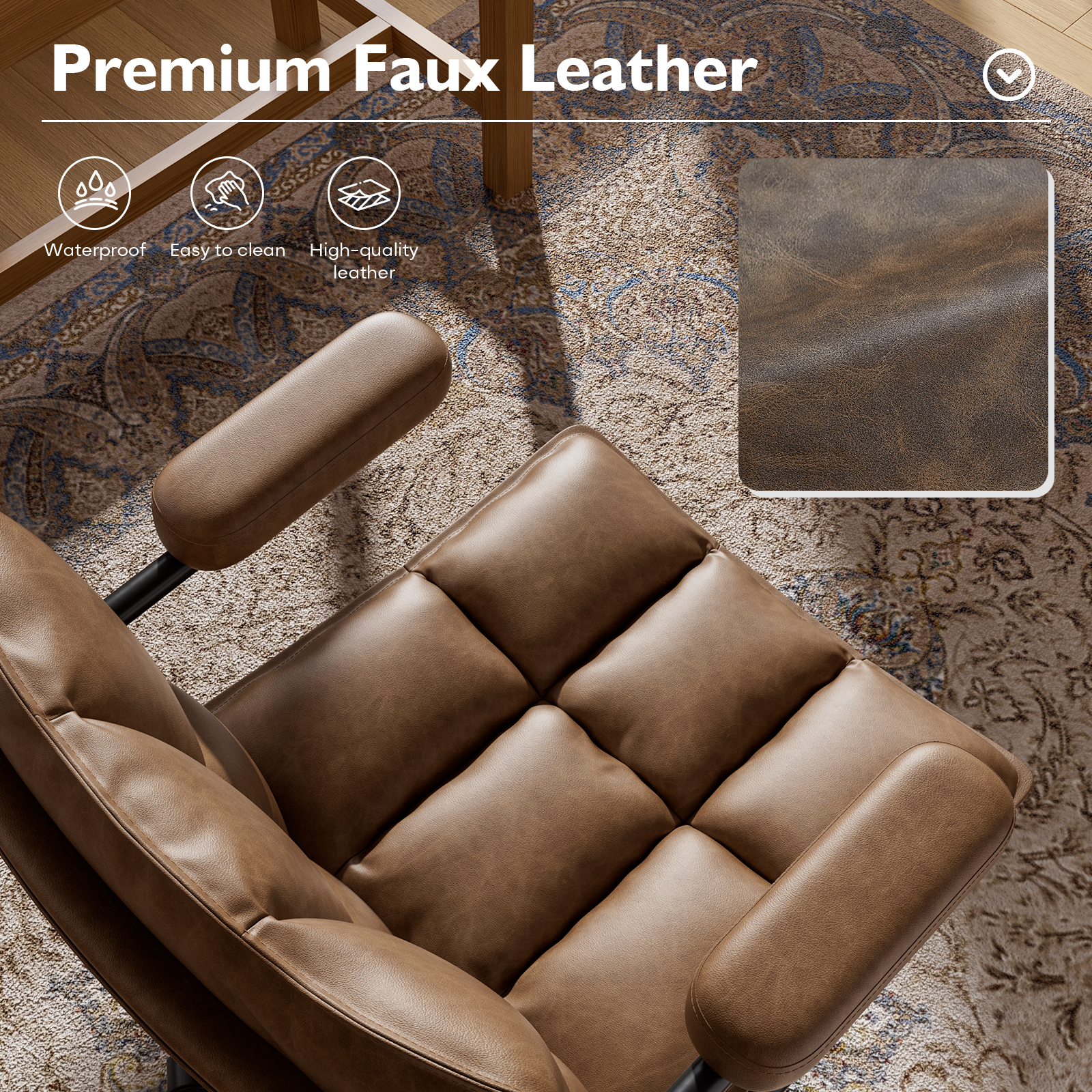 Genpo Brown Office Chair, Mid Century Modern Leather Desk Chairs with Arms, Wheels Thickend Back and Seat, Adjustable Height, Vintage Computer Chair for Home, Office - Image 5