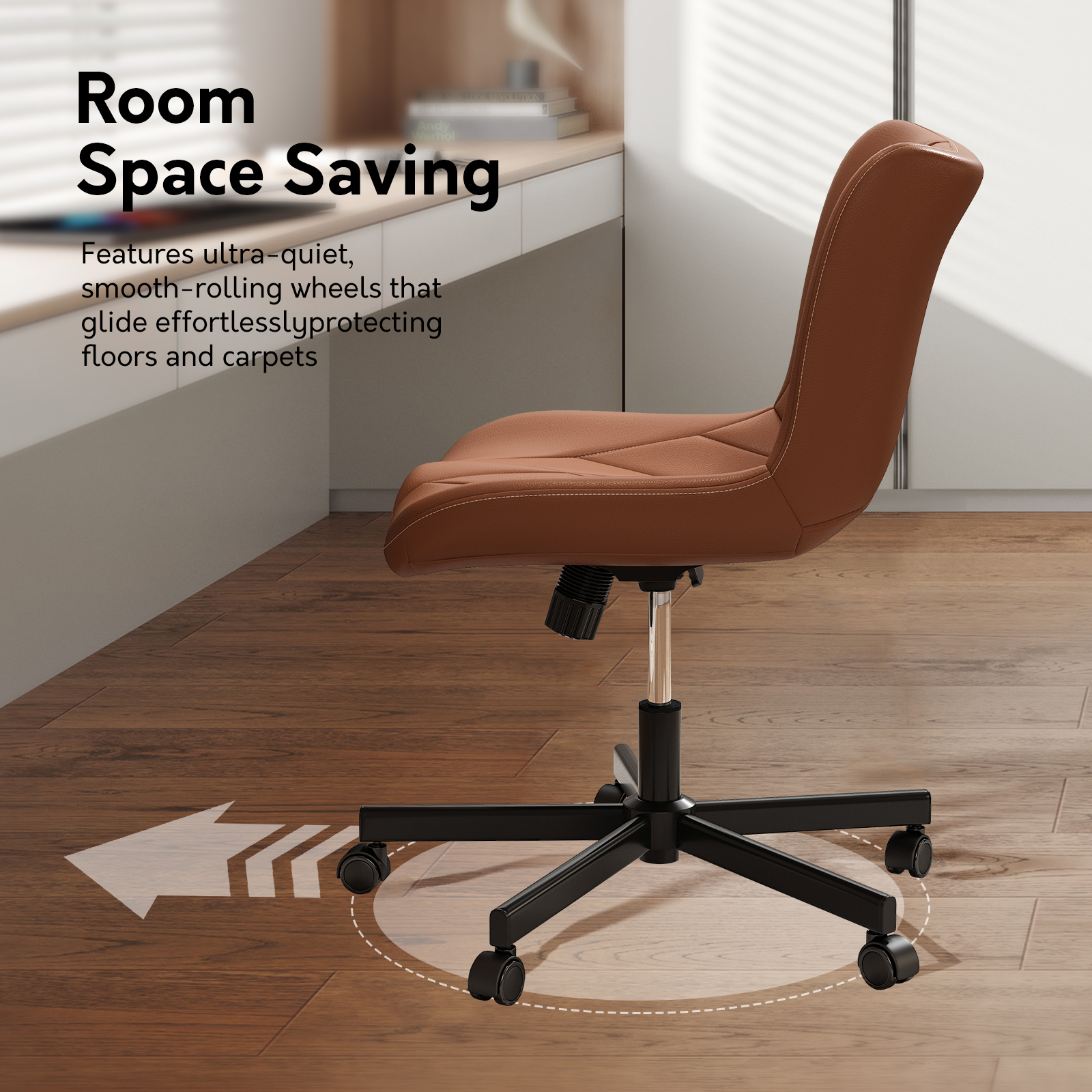 Genpo Armless Desk Chair, Brown Leather Office Desk Chairs with Wheels, Mid Back and Lumbar Support for Computer Home Small Space Vanity Makeup - Image 6