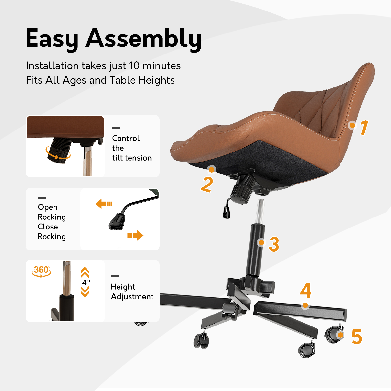 Genpo Armless Desk Chair, Brown Leather Office Desk Chairs with Wheels, Mid Back and Lumbar Support for Computer Home Small Space Vanity Makeup - Image 7