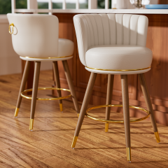 Genpo Swivel Counter Height Bar Stools Set of 2, 24 inch White Leather Kitchen Swivel Counter Stools with Backs, Wood Legs and Footrest, Bar Chairs for Kitchen Island