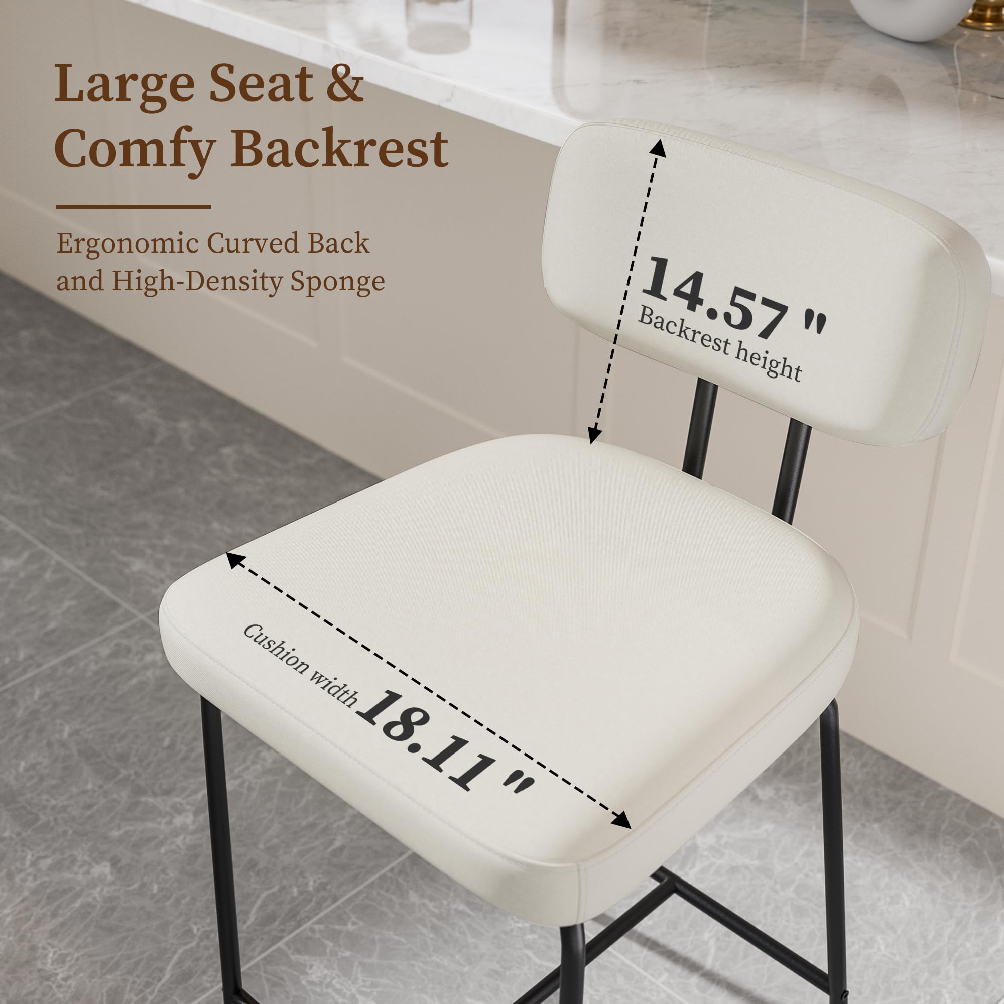 Genpo Counter Height Bar Stools Set of 2, 26" White Fabric Kitchen Counter Stools with Backs, Metal Legs, Footrest and Wide Seat, Bar Chairs for Kitchen Island - Image 3
