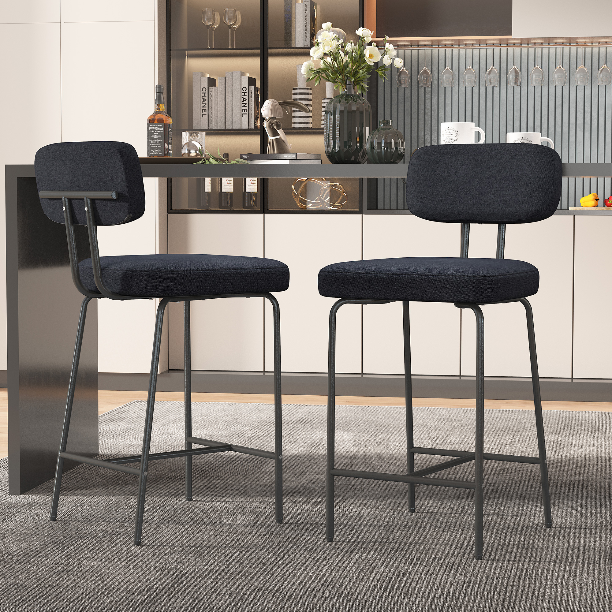 Genpo Counter Height Bar Stools Set of 2, 26" Black Fabric Kitchen Counter Stools with Backs, Metal Legs, Footrest and Wide Seat, Bar Chairs for Kitchen Island