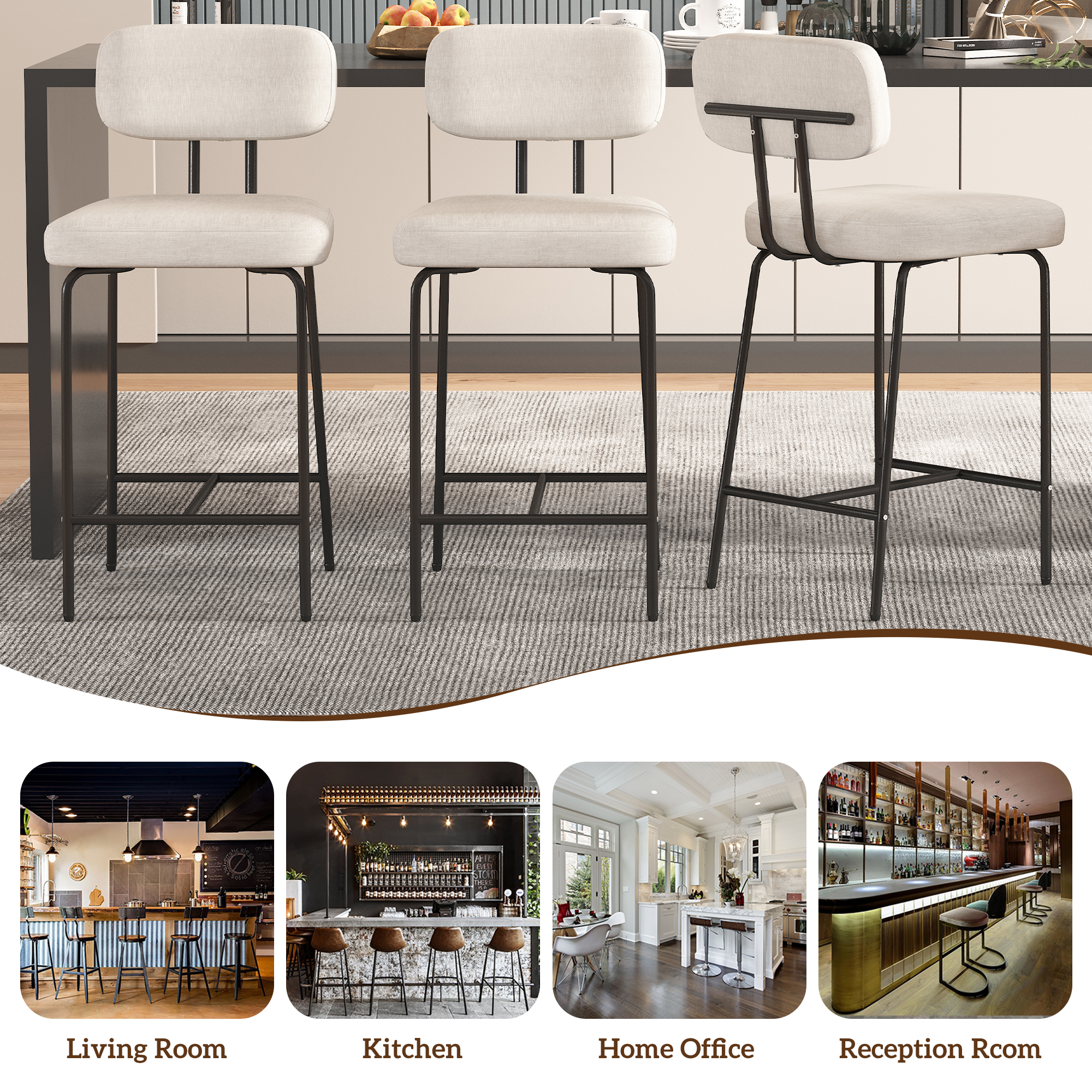 Genpo Counter Height Bar Stools Set of 2, 26" White Fabric Kitchen Counter Stools with Backs, Metal Legs, Footrest and Wide Seat, Bar Chairs for Kitchen Island - Image 6