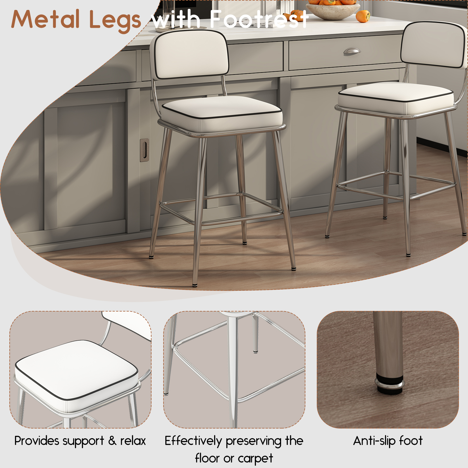 Genpo Counter Height Bar Stools Set of 2, 26" White Fabric Kitchen Counter Stools with Backs, Metal Legs, Footrest and Wide Seat, Bar Chairs for Kitchen Island - Image 6