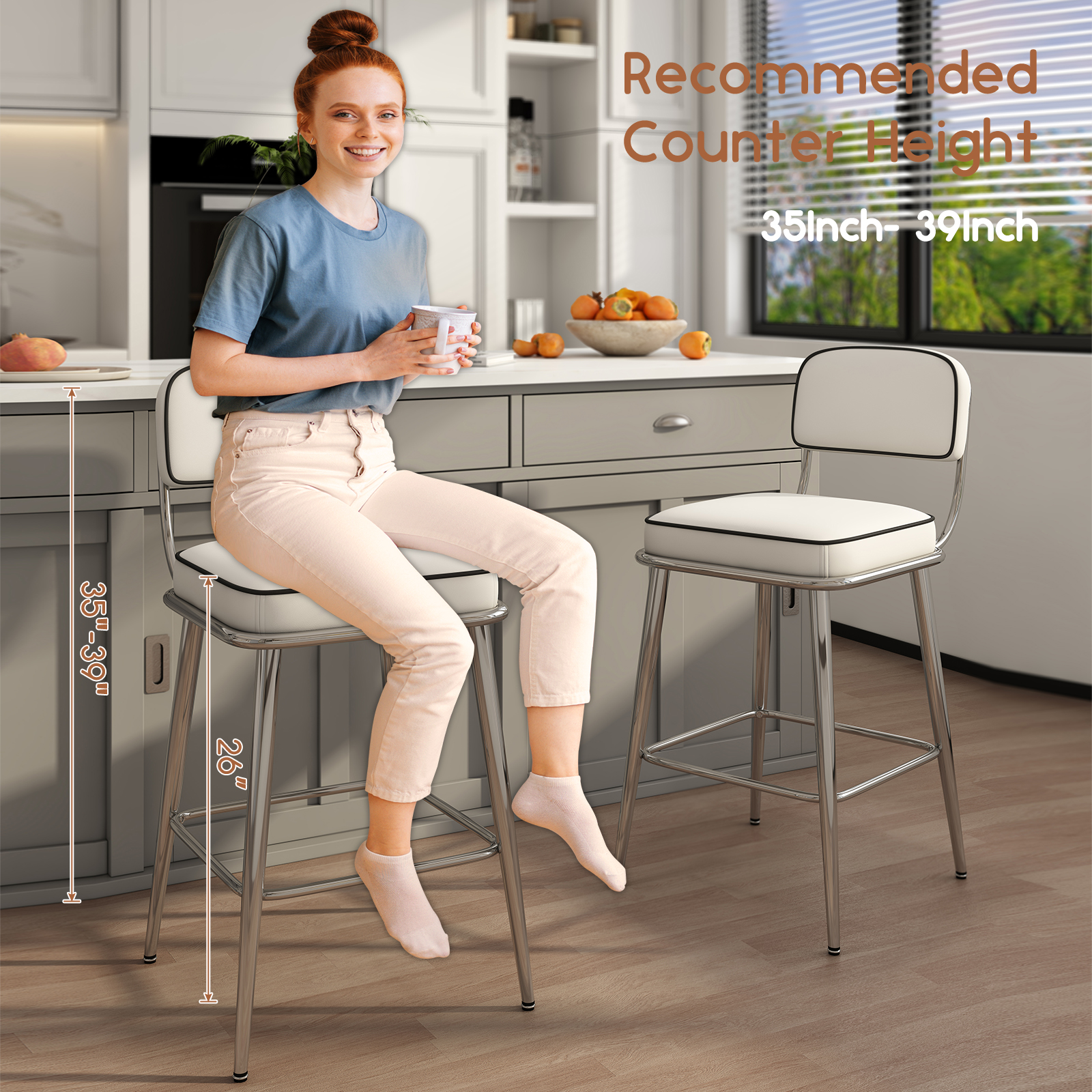 Genpo Counter Height Bar Stools Set of 2, 26" White Fabric Kitchen Counter Stools with Backs, Metal Legs, Footrest and Wide Seat, Bar Chairs for Kitchen Island - Image 7