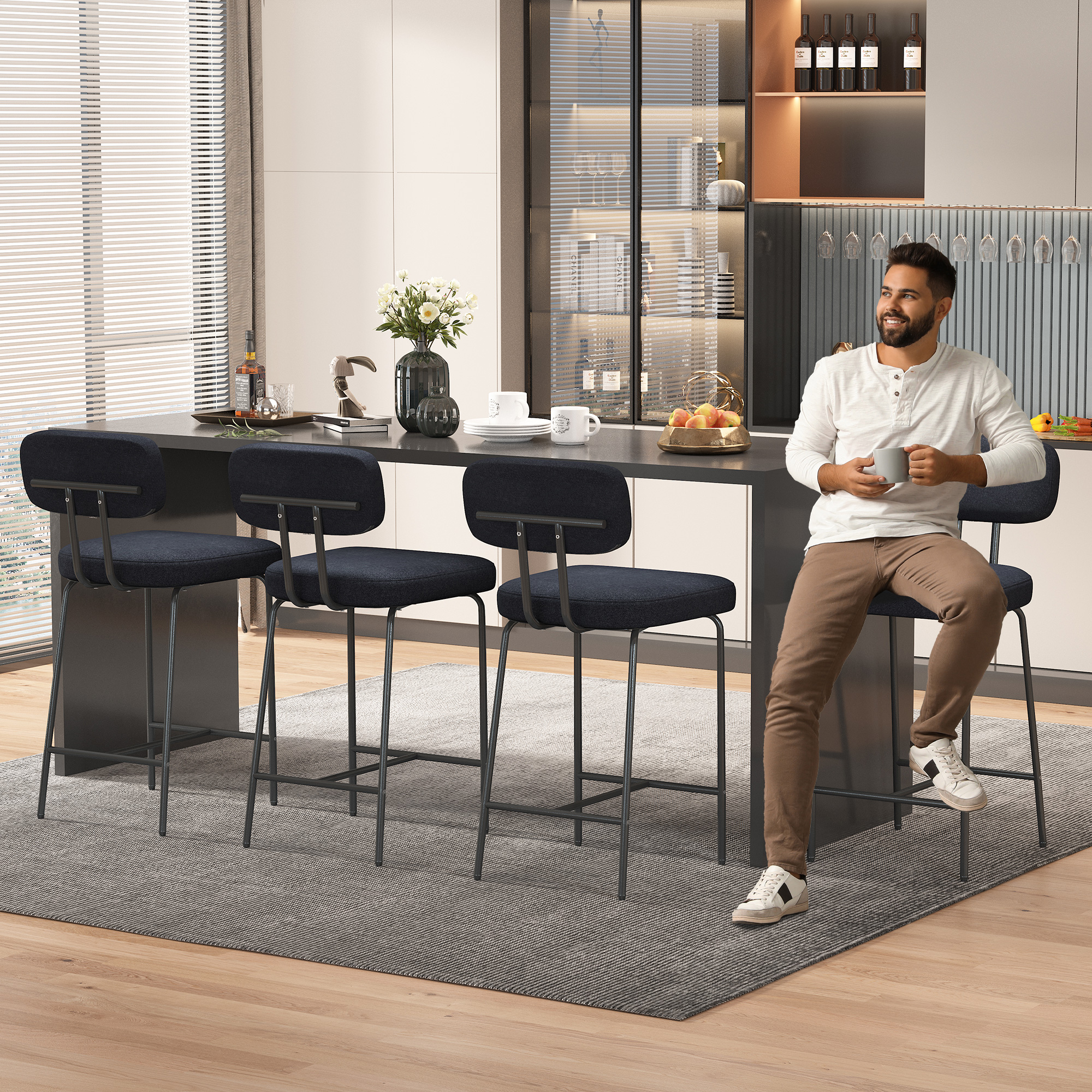 Genpo Counter Height Bar Stools Set of 4, 26" Black Bar Stools with Back and Metal Legs, Fabric Kitchen Counter Stools with Footrest and Wide Seat, Bar Chairs for Kitchen Island