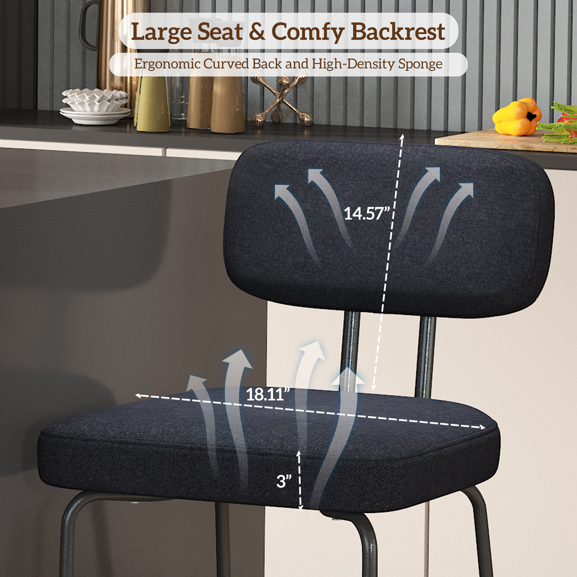 Genpo Counter Height Bar Stools Set of 2, 26" Black Fabric Kitchen Counter Stools with Backs, Metal Legs, Footrest and Wide Seat, Bar Chairs for Kitchen Island - Image 5