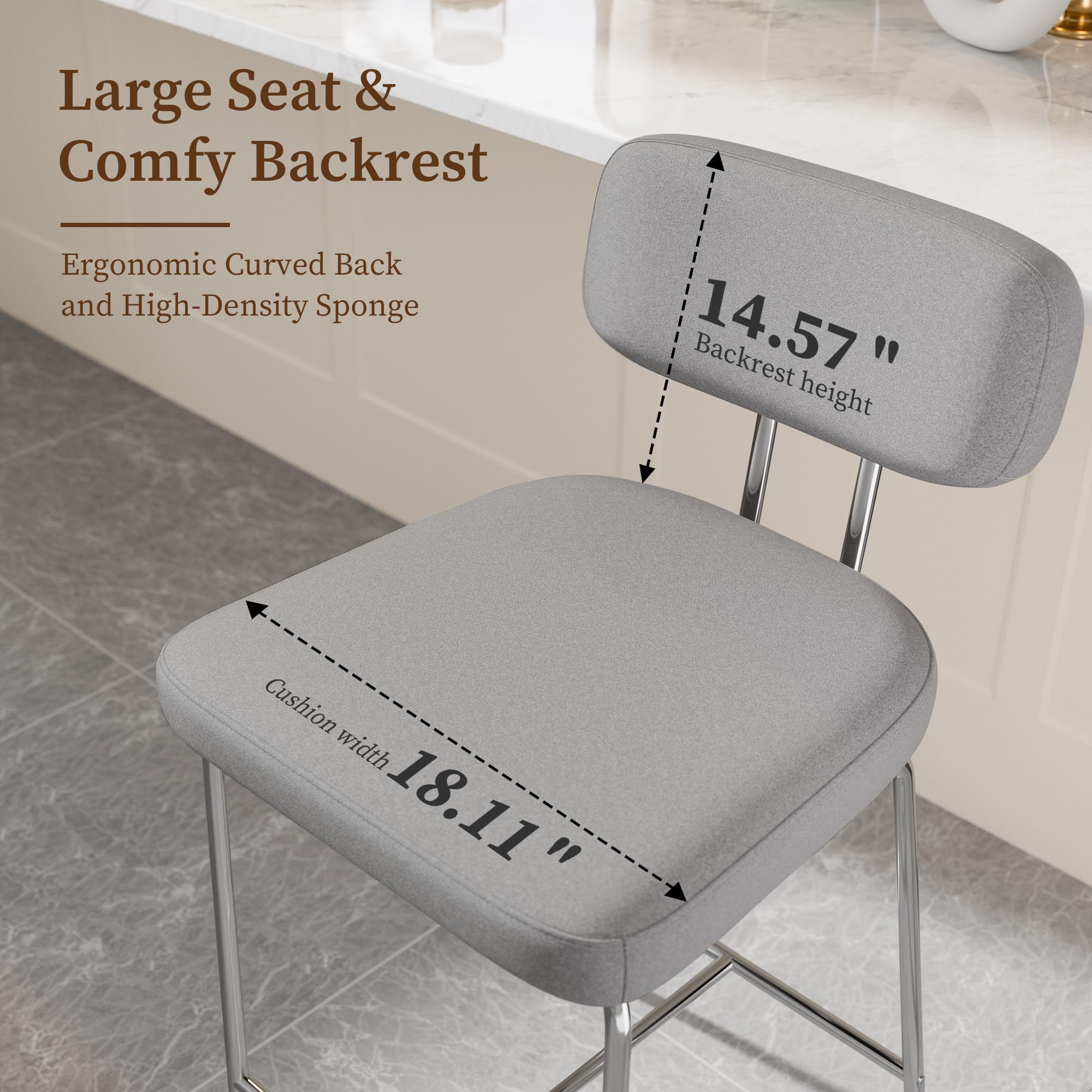 Genpo Counter Height Bar Stools Set of 3, 26" Gray Fabric Kitchen Counter Stools with Backs, Metal Legs, Footrest and Wide Seat, Bar Chairs for Kitchen Island - Image 3