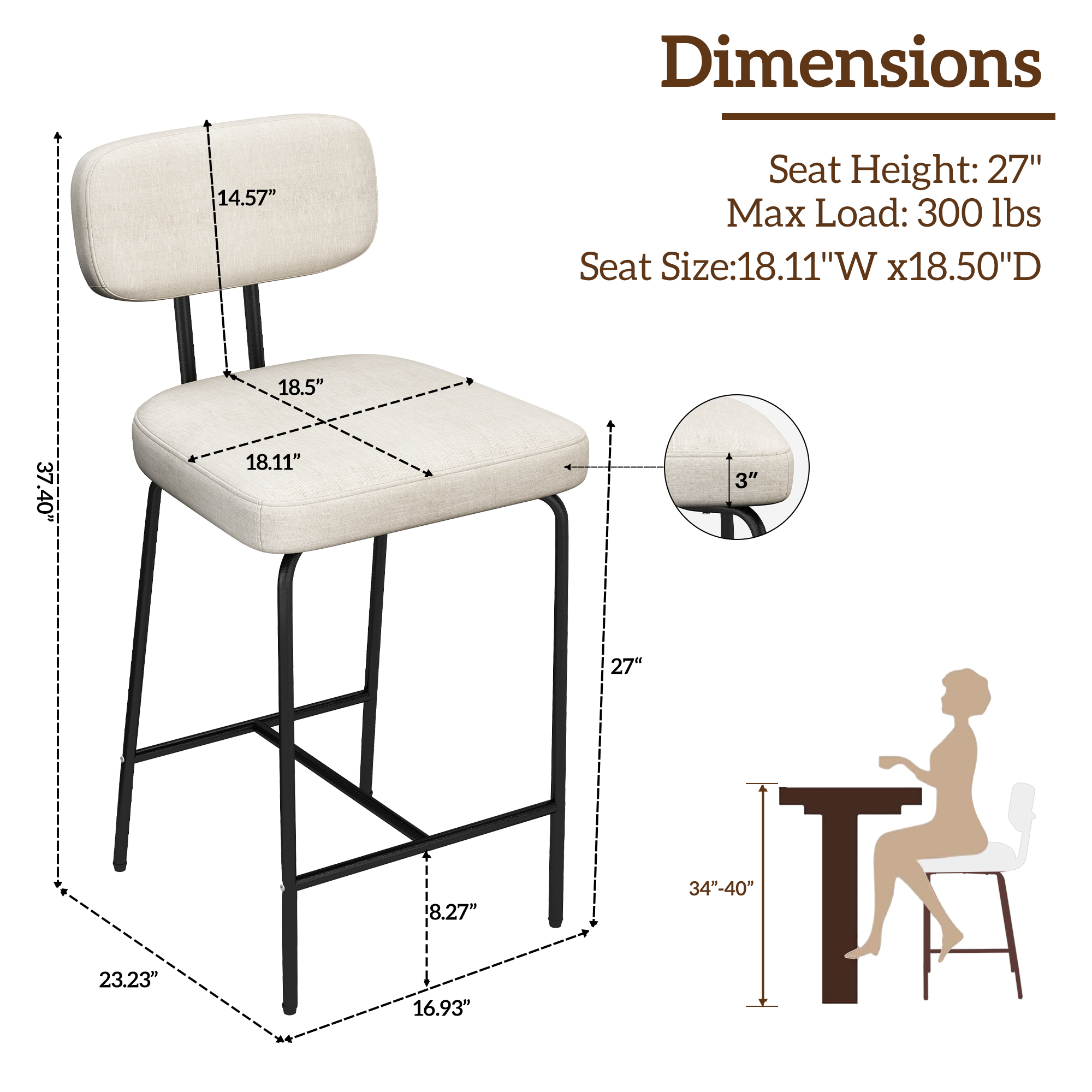 Genpo Counter Height Bar Stools Set of 3, 26" White Fabric Kitchen Counter Stools with Backs, Metal Legs, Footrest and Wide Seat, Bar Chairs for Kitchen Island - Image 2
