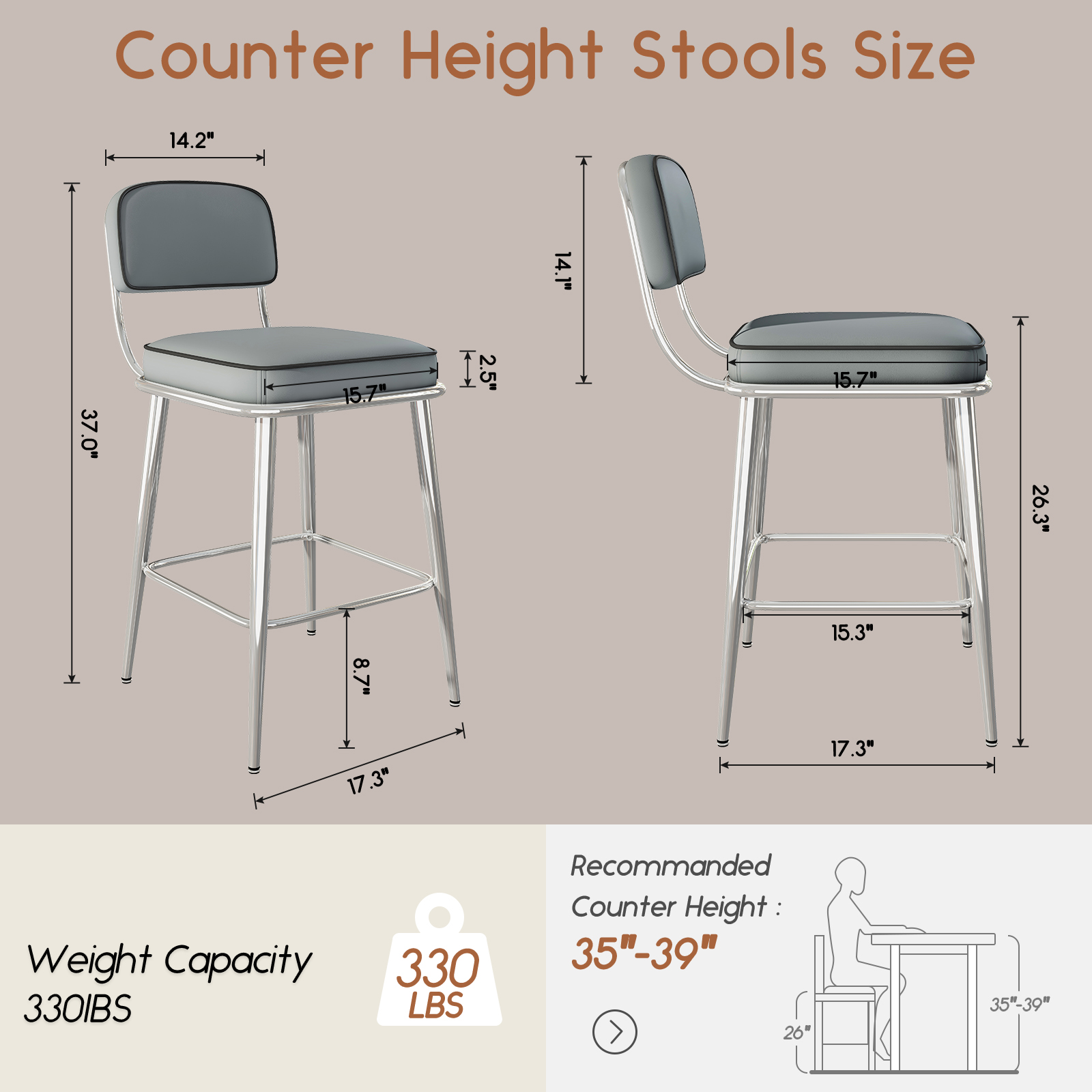 Genpo Counter Height Bar Stools Set of 2, 26" Gray Fabric Kitchen Counter Stools with Backs, Metal Legs, Footrest and Wide Seat, Bar Chairs for Kitchen Island - Image 2