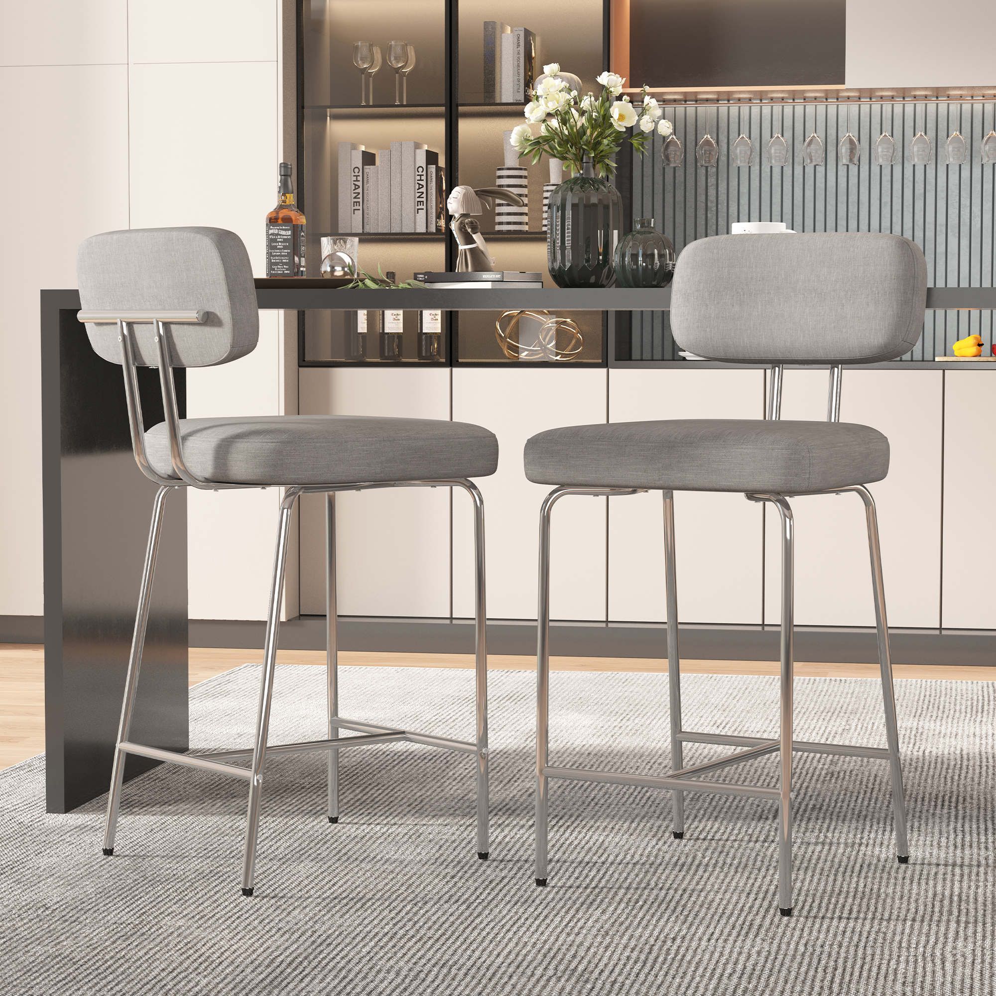 Genpo Counter Height Bar Stools Set of 2, 26" Gray Fabric Kitchen Counter Stools with Backs, Metal Legs, Footrest and Wide Seat, Bar Chairs for Kitchen Island