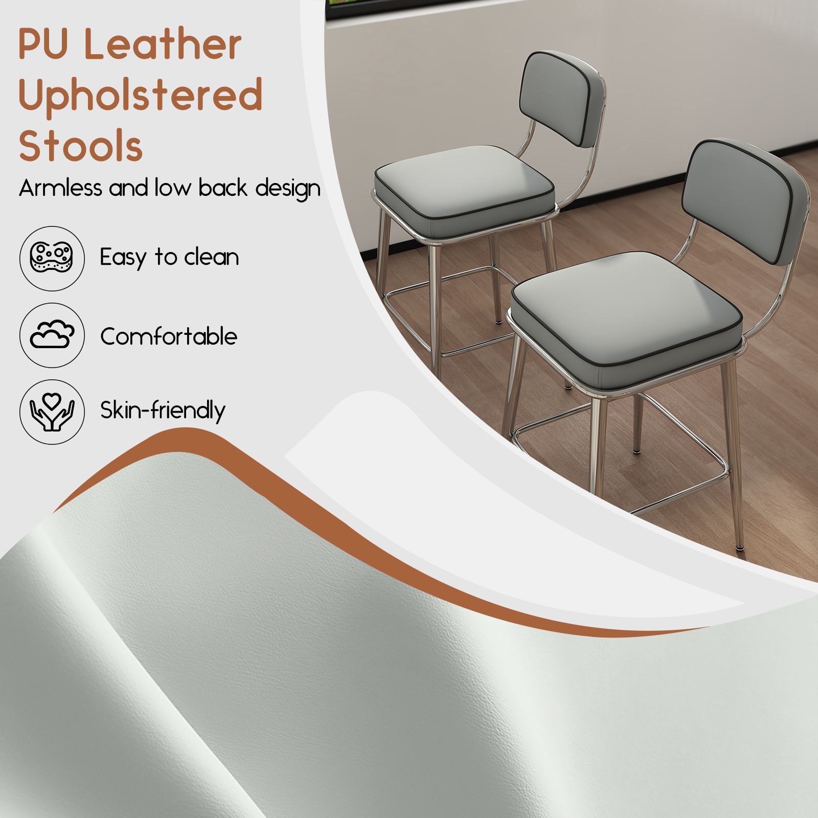 Genpo Counter Height Bar Stools Set of 2, 26" Gray Fabric Kitchen Counter Stools with Backs, Metal Legs, Footrest and Wide Seat, Bar Chairs for Kitchen Island - Image 3