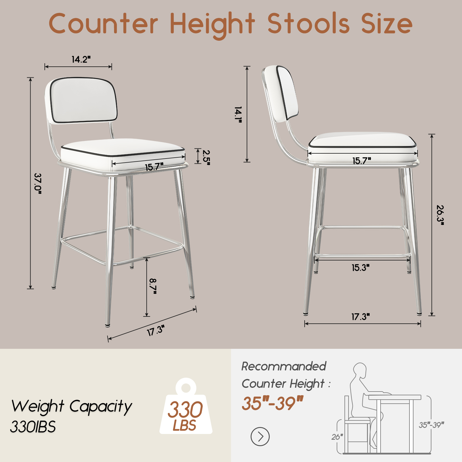 Genpo Counter Height Bar Stools Set of 2, 26" White Fabric Kitchen Counter Stools with Backs, Metal Legs, Footrest and Wide Seat, Bar Chairs for Kitchen Island - Image 2