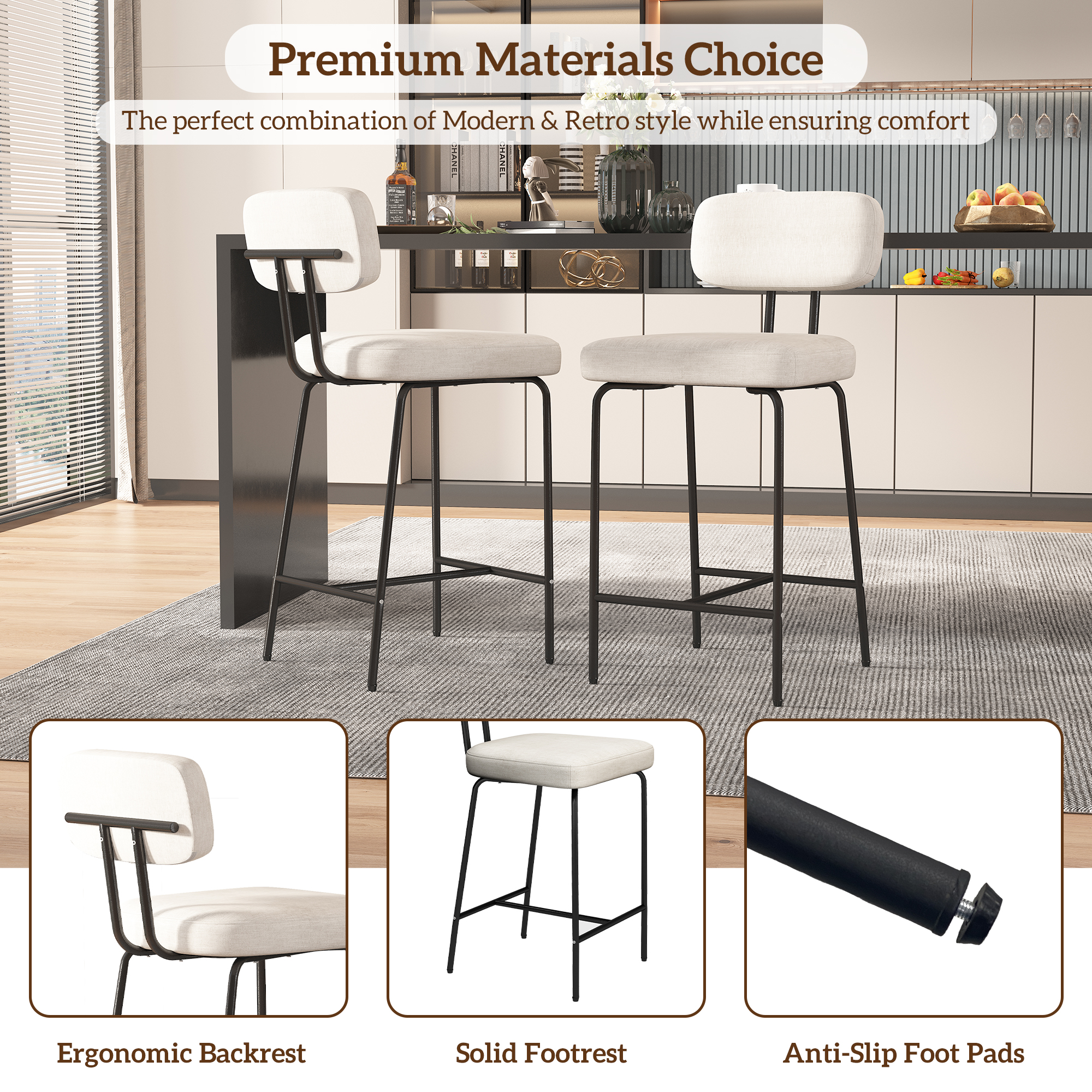 Genpo Counter Height Bar Stools Set of 3, 26" White Fabric Kitchen Counter Stools with Backs, Metal Legs, Footrest and Wide Seat, Bar Chairs for Kitchen Island - Image 5
