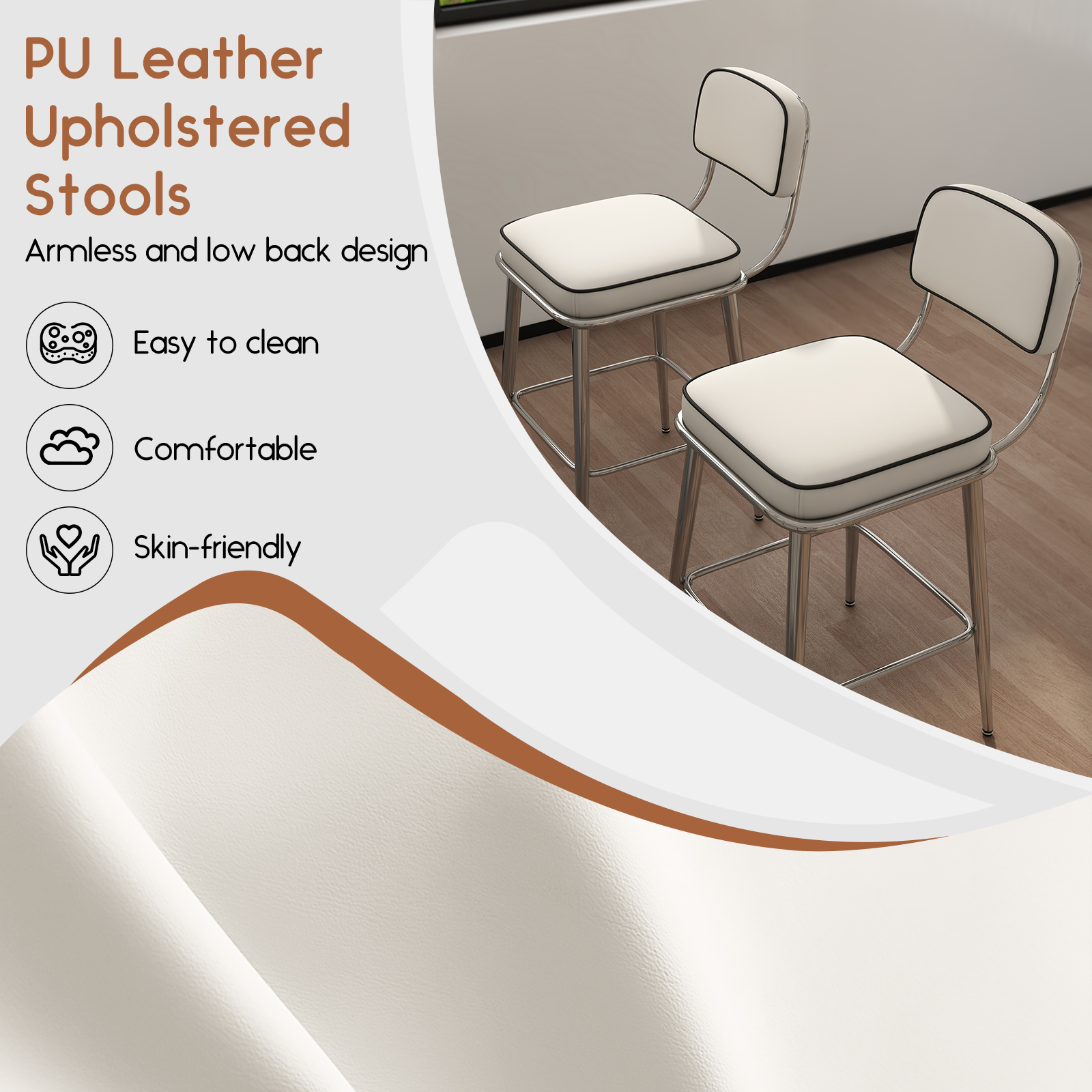 Genpo Counter Height Bar Stools Set of 2, 26" White Fabric Kitchen Counter Stools with Backs, Metal Legs, Footrest and Wide Seat, Bar Chairs for Kitchen Island - Image 3