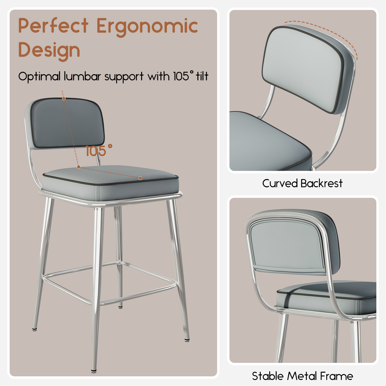 Genpo Counter Height Bar Stools Set of 2, 26" Gray Fabric Kitchen Counter Stools with Backs, Metal Legs, Footrest and Wide Seat, Bar Chairs for Kitchen Island - Image 5