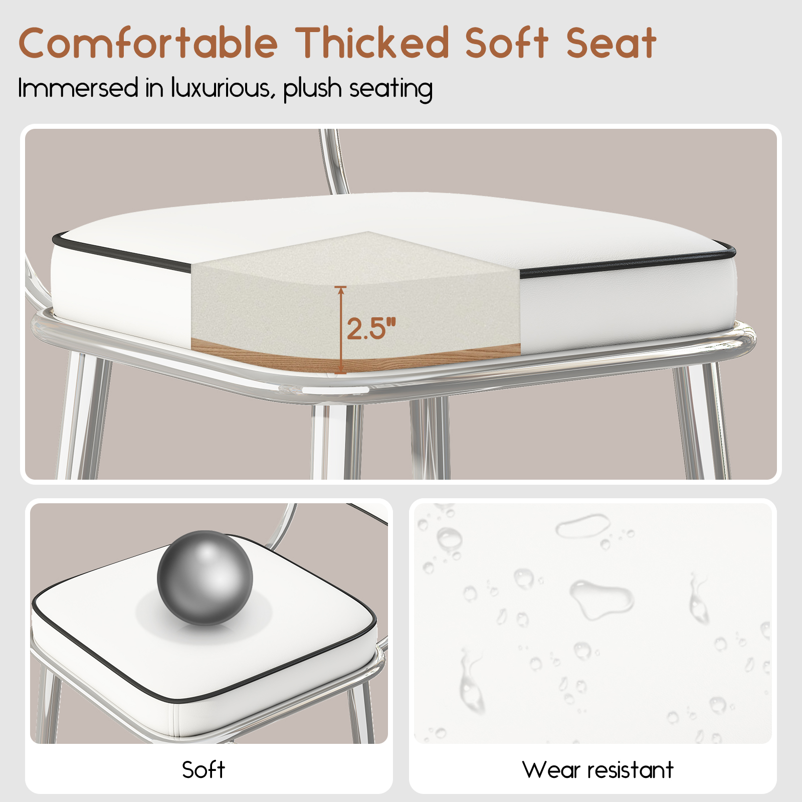 Genpo Counter Height Bar Stools Set of 2, 26" White Fabric Kitchen Counter Stools with Backs, Metal Legs, Footrest and Wide Seat, Bar Chairs for Kitchen Island - Image 4