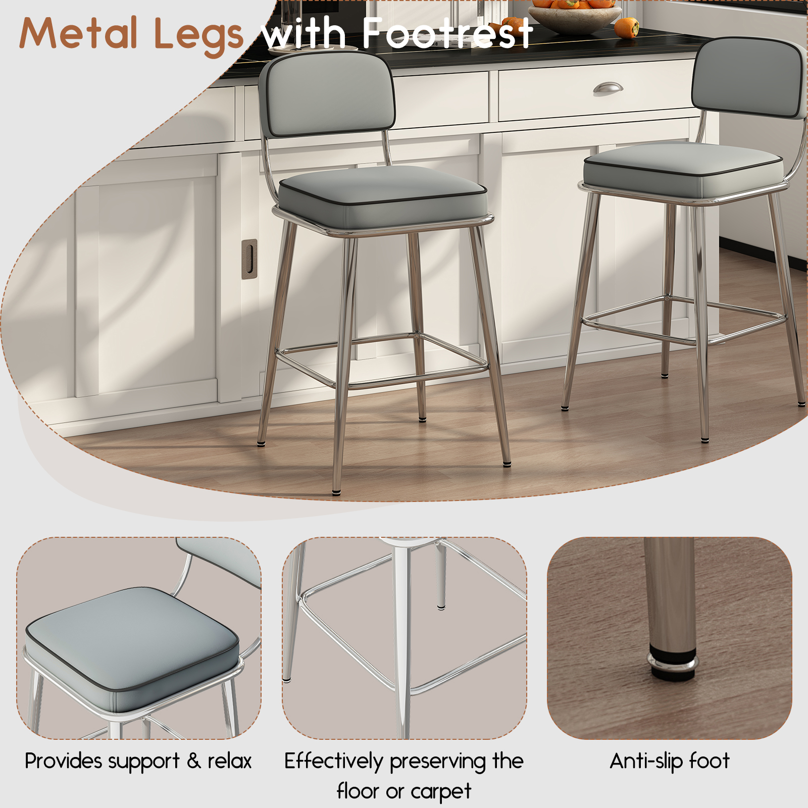 Genpo Counter Height Bar Stools Set of 2, 26" Gray Fabric Kitchen Counter Stools with Backs, Metal Legs, Footrest and Wide Seat, Bar Chairs for Kitchen Island - Image 6