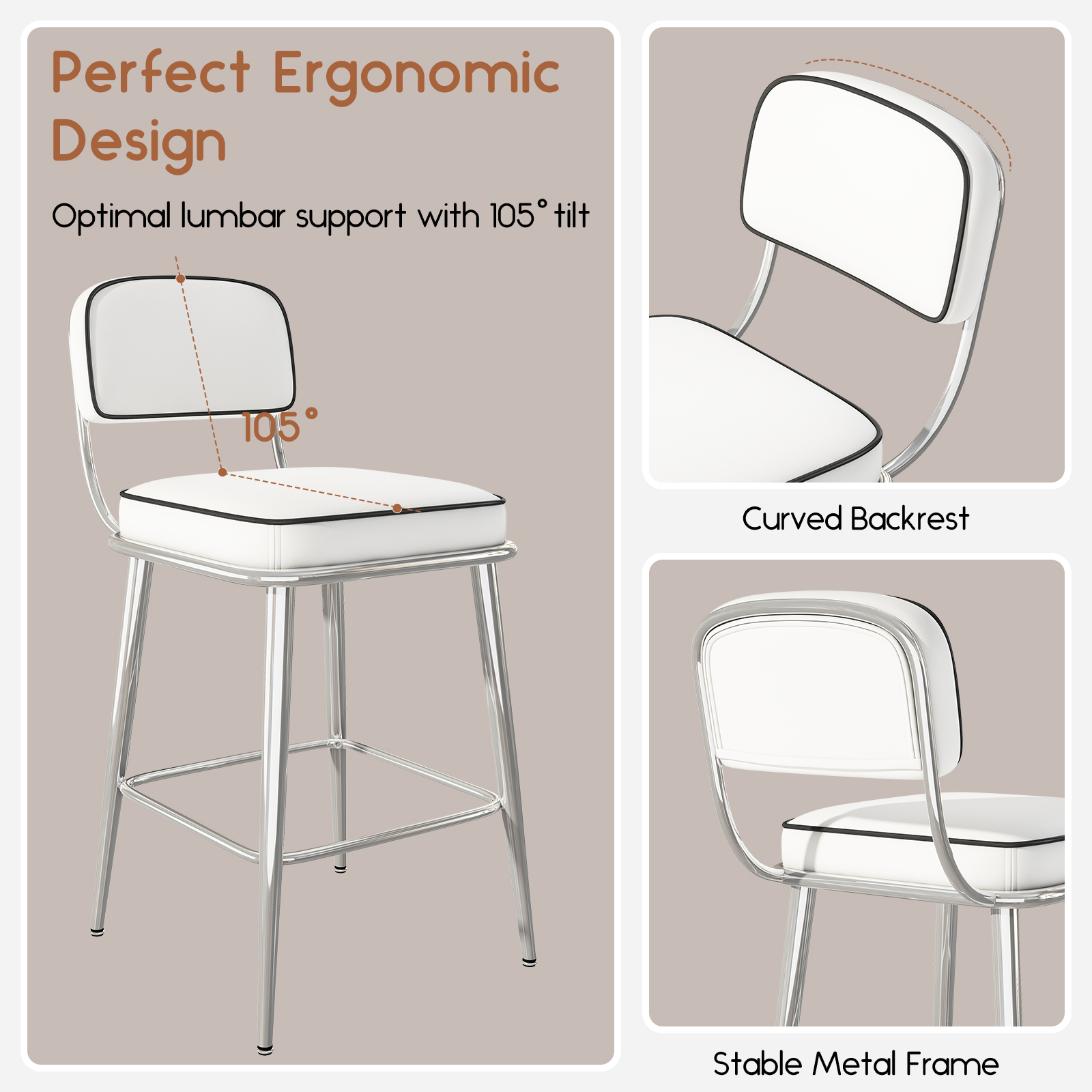 Genpo Counter Height Bar Stools Set of 2, 26" White Fabric Kitchen Counter Stools with Backs, Metal Legs, Footrest and Wide Seat, Bar Chairs for Kitchen Island - Image 5
