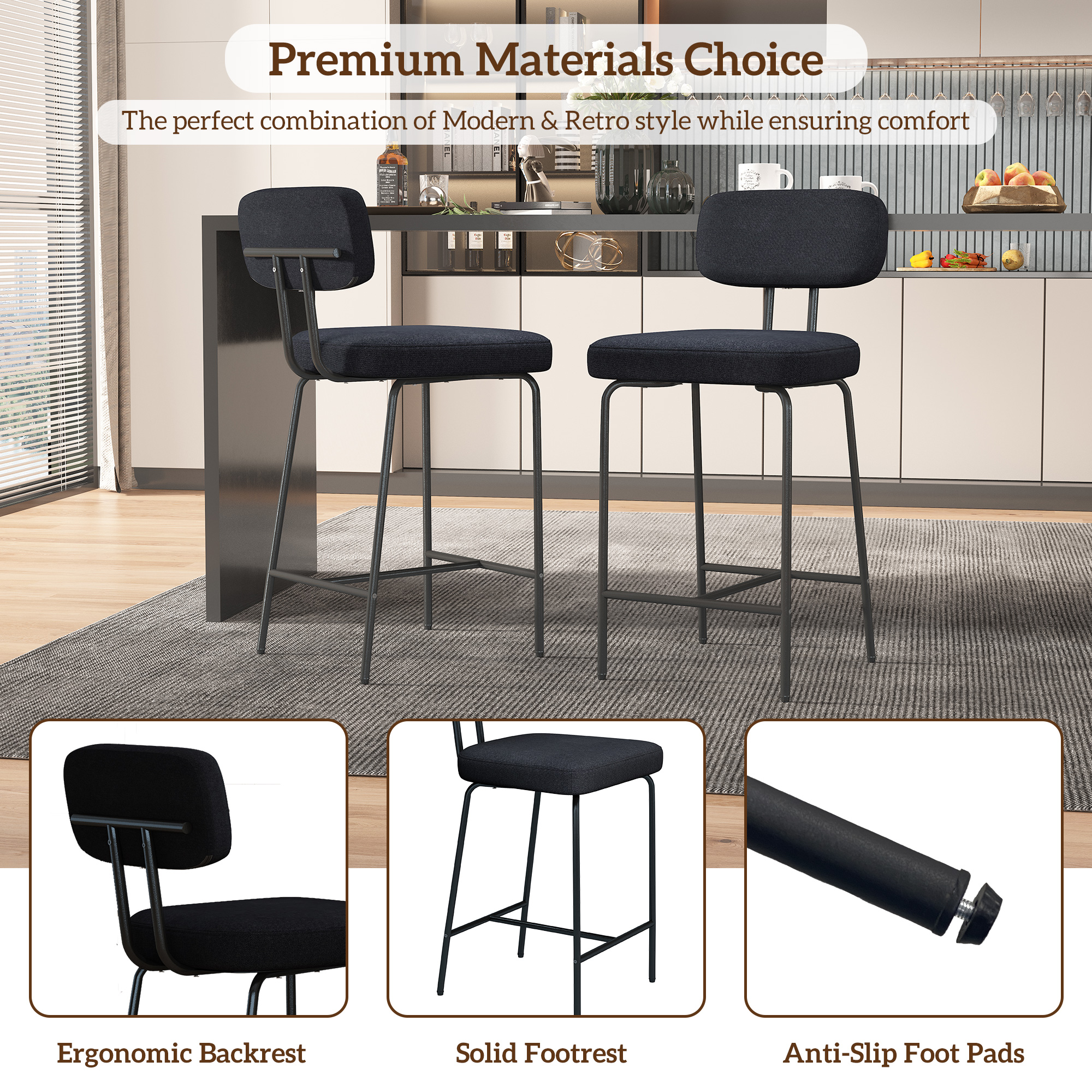 Genpo Counter Height Bar Stools Set of 2, 26" Black Fabric Kitchen Counter Stools with Backs, Metal Legs, Footrest and Wide Seat, Bar Chairs for Kitchen Island - Image 4