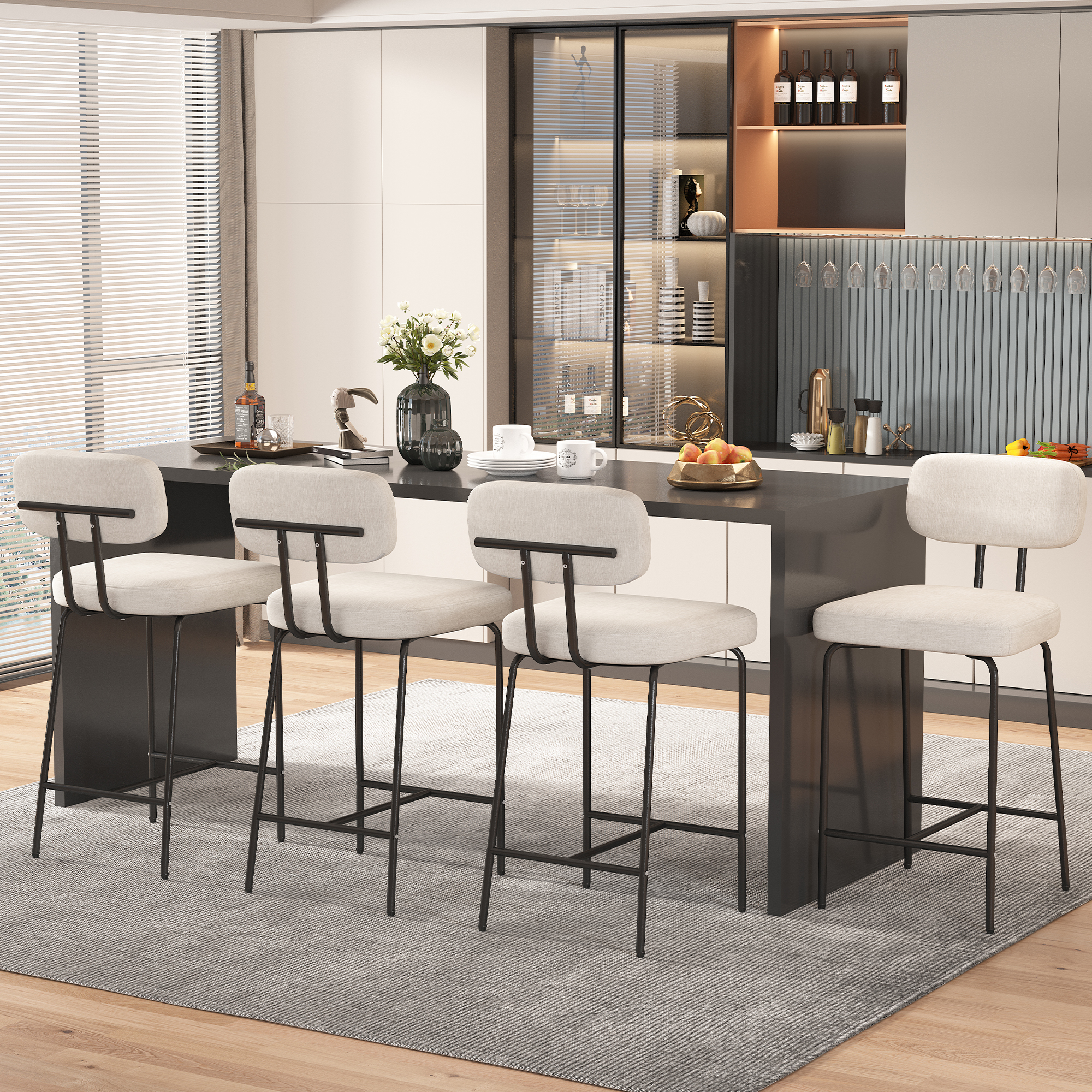 Genpo Counter Height Bar Stools Set of 4, 26" White Fabric Kitchen Counter Stools with Backs, Metal Legs, Footrest and Wide Seat, Bar Chairs for Kitchen Island