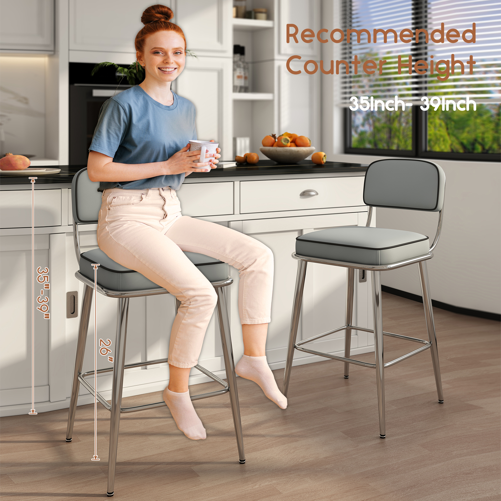 Genpo Counter Height Bar Stools Set of 2, 26" Gray Fabric Kitchen Counter Stools with Backs, Metal Legs, Footrest and Wide Seat, Bar Chairs for Kitchen Island - Image 7